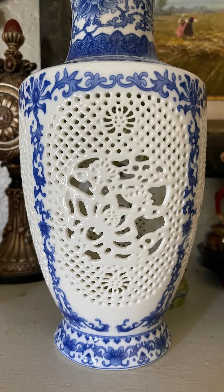 11" Blue & White Garniture Open Filigree Fretwork Chinoiserie Prunus Vase