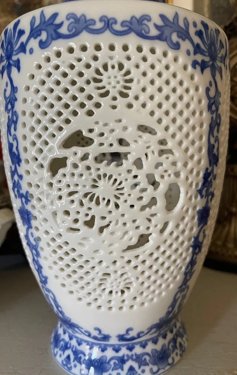 11" Blue & White Garniture Open Filigree Fretwork Chinoiserie Prunus Vase