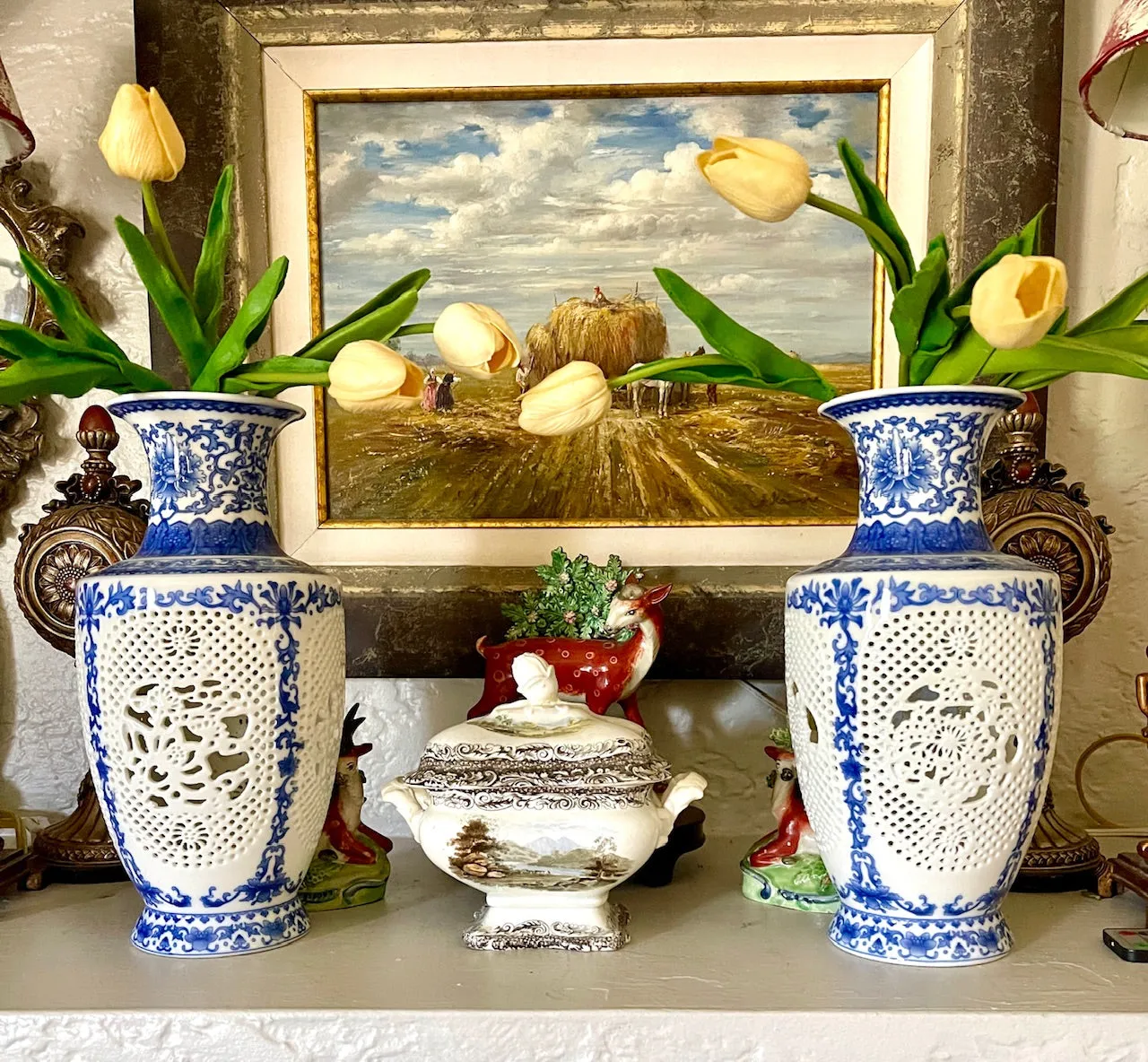 11" Blue & White Garniture Open Filigree Fretwork Chinoiserie Prunus Vase