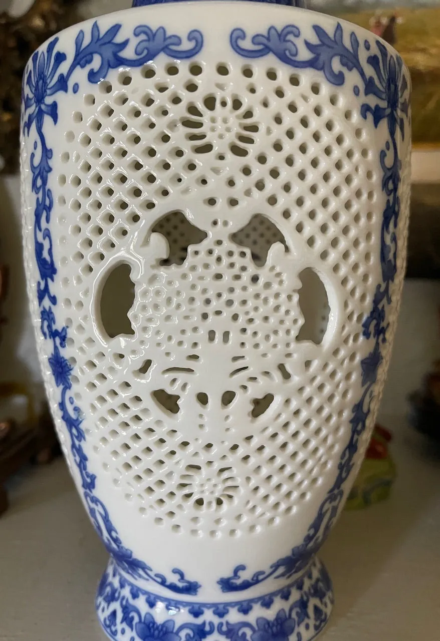 11" Blue & White Garniture Open Filigree Fretwork Chinoiserie Prunus Vase