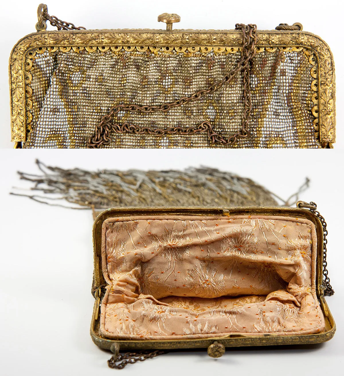 Antique French Lush Fringed Glass Bead Flapper Purse, Paisley Evening Bag, Gold, Silver 12.5" Long