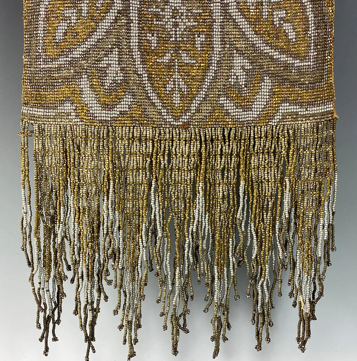 Antique French Lush Fringed Glass Bead Flapper Purse, Paisley Evening Bag, Gold, Silver 12.5" Long