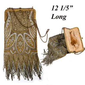 Antique French Lush Fringed Glass Bead Flapper Purse, Paisley Evening Bag, Gold, Silver 12.5" Long
