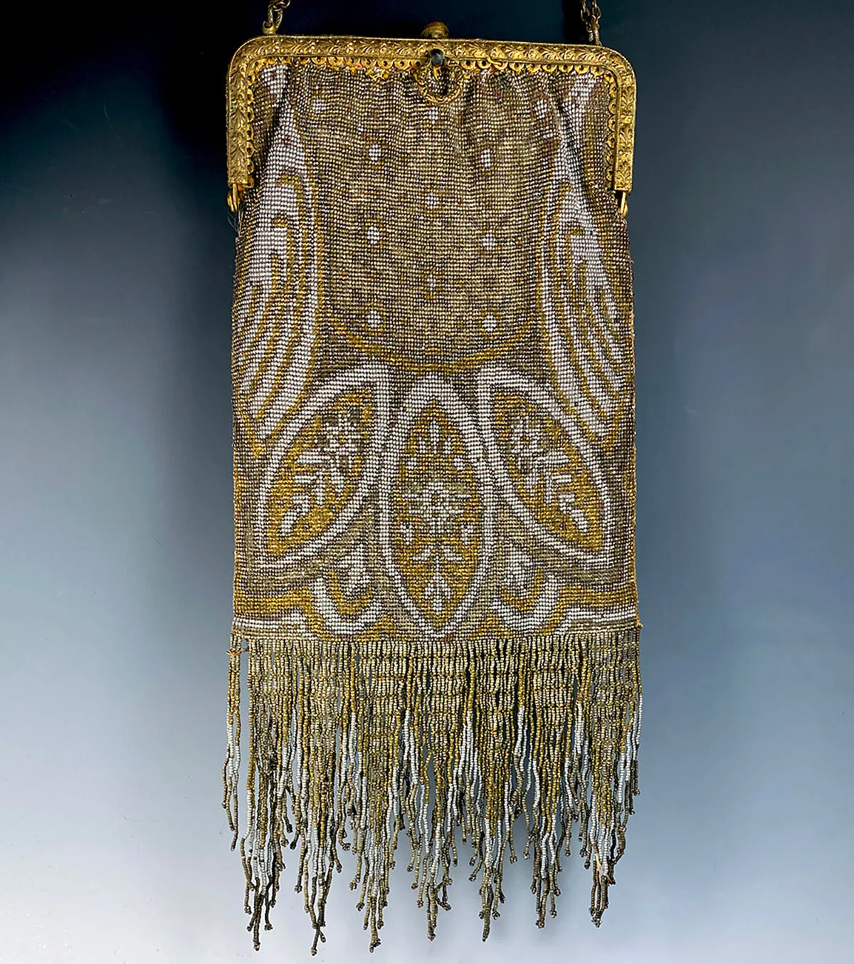 Antique French Lush Fringed Glass Bead Flapper Purse, Paisley Evening Bag, Gold, Silver 12.5" Long