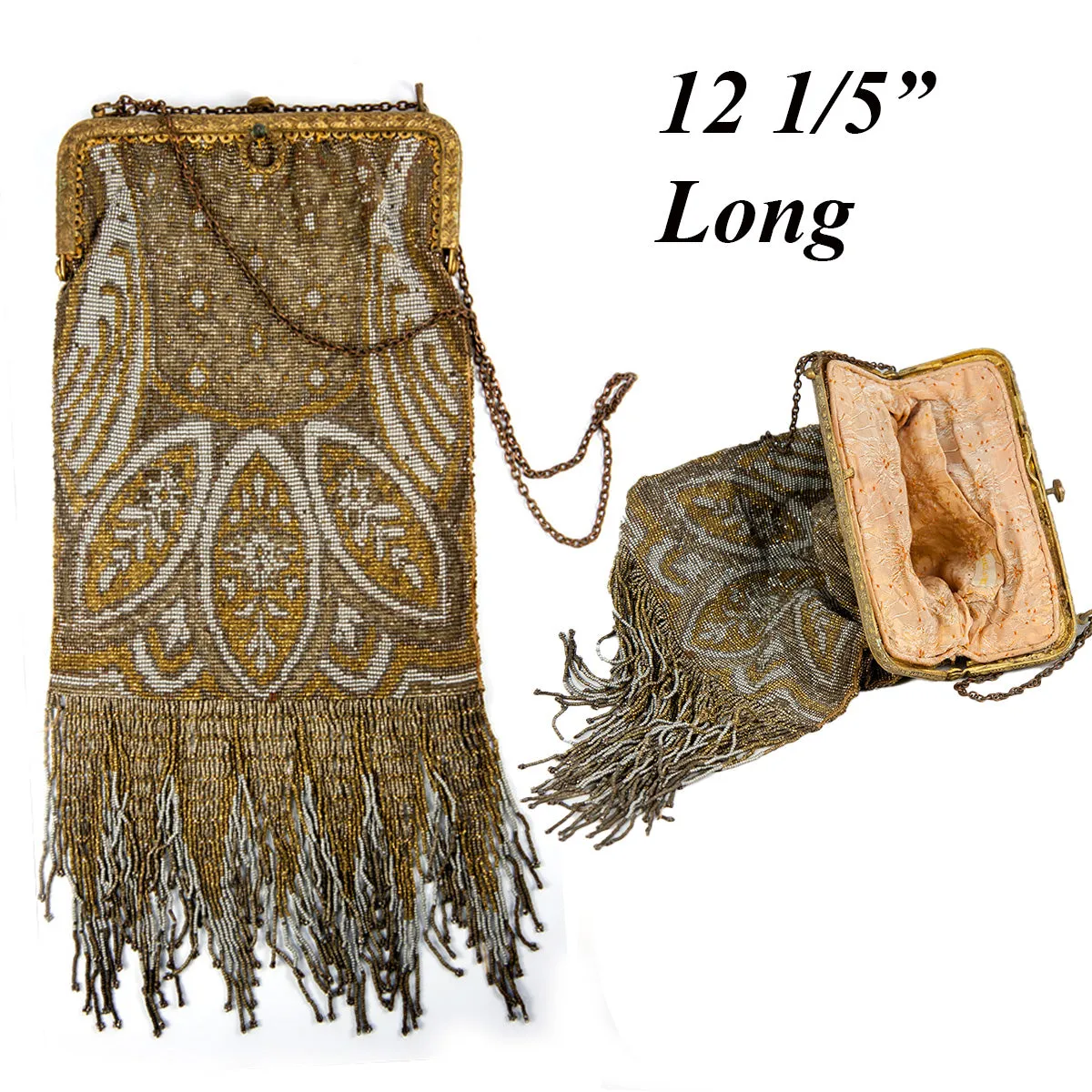Antique French Lush Fringed Glass Bead Flapper Purse, Paisley Evening Bag, Gold, Silver 12.5" Long
