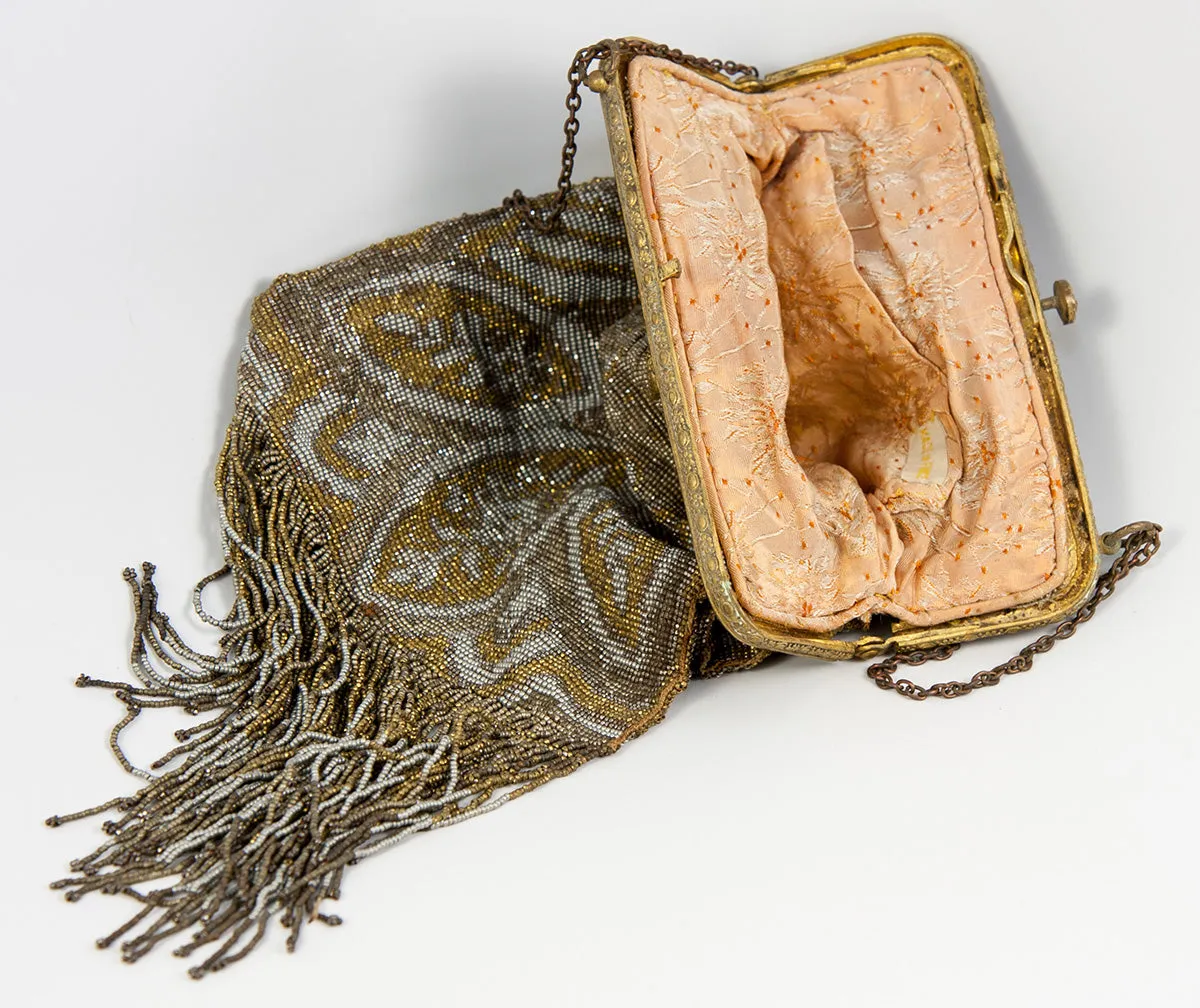Antique French Lush Fringed Glass Bead Flapper Purse, Paisley Evening Bag, Gold, Silver 12.5" Long