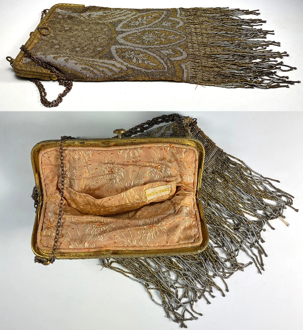 Antique French Lush Fringed Glass Bead Flapper Purse, Paisley Evening Bag, Gold, Silver 12.5" Long