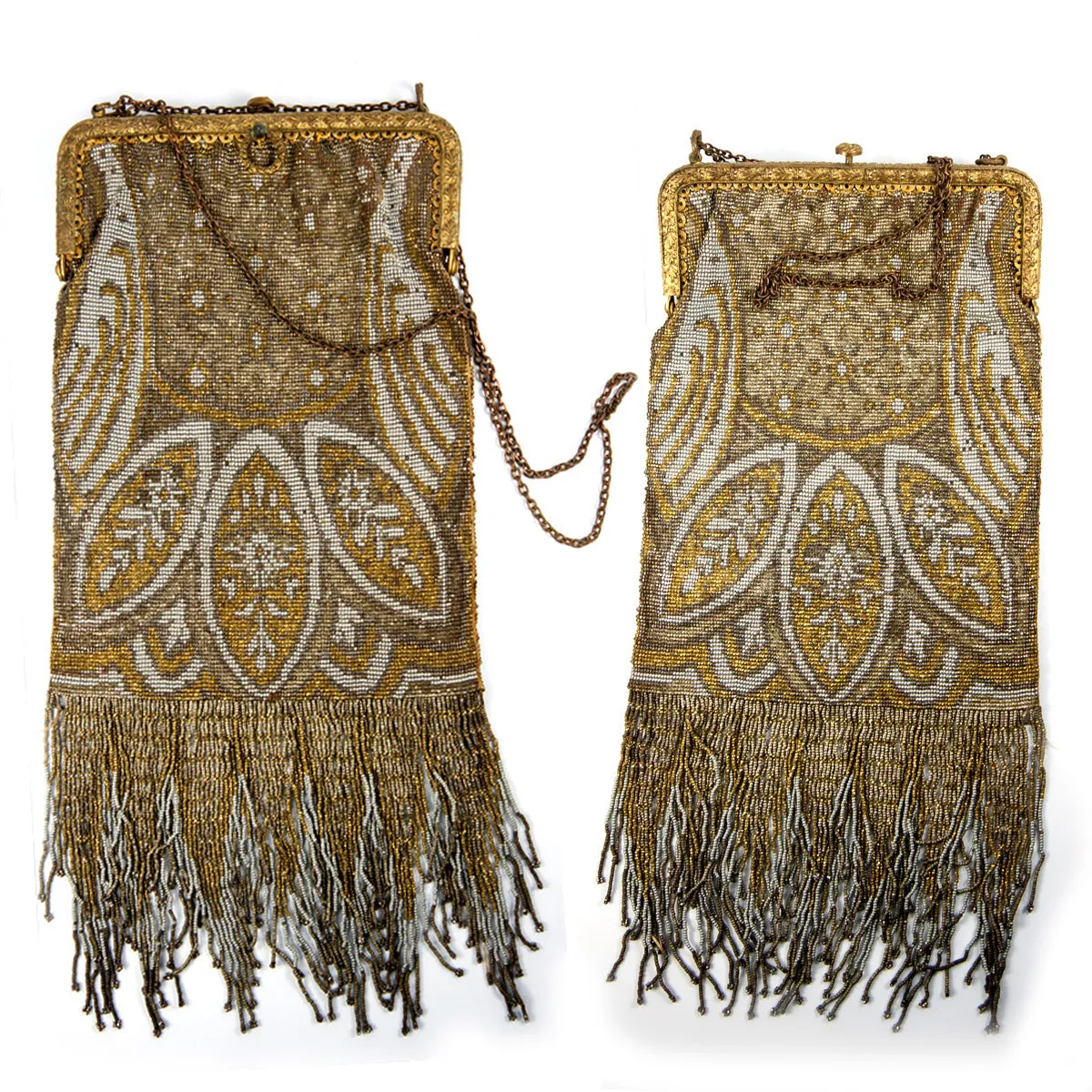 Antique French Lush Fringed Glass Bead Flapper Purse, Paisley Evening Bag, Gold, Silver 12.5" Long