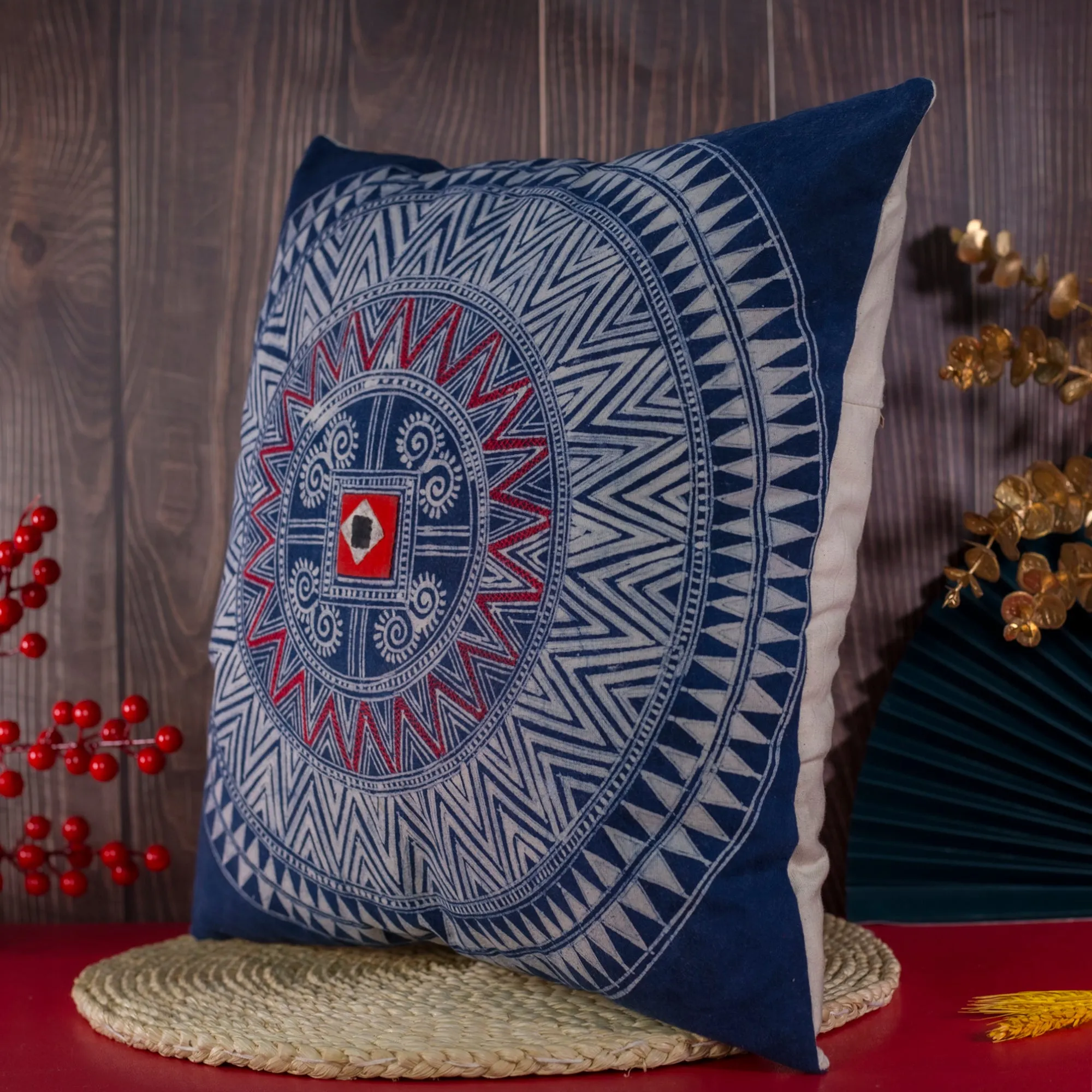 Batik Cushion Cover - H'mong pattern, hand-stitched fabric patch