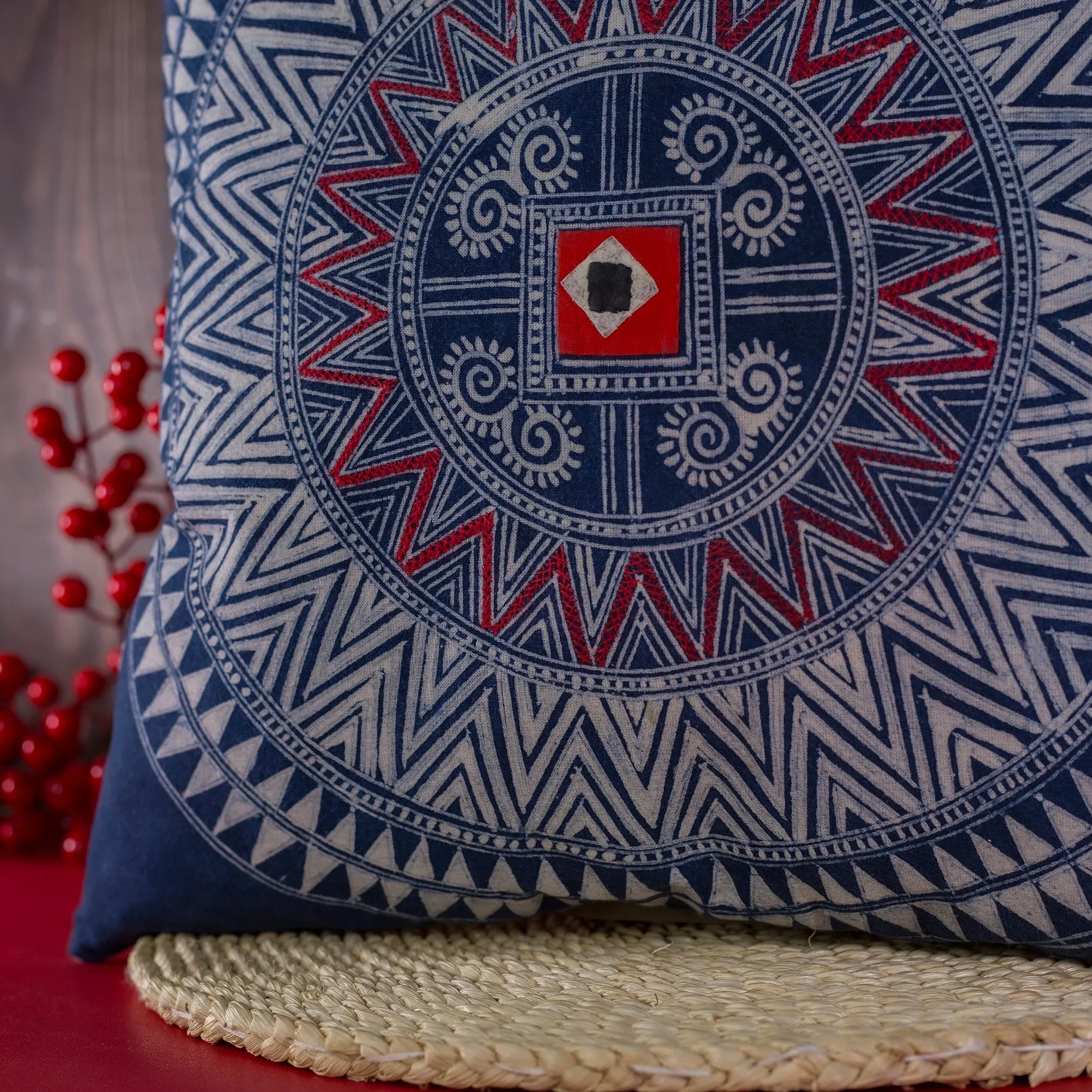 Batik Cushion Cover - H'mong pattern, hand-stitched fabric patch