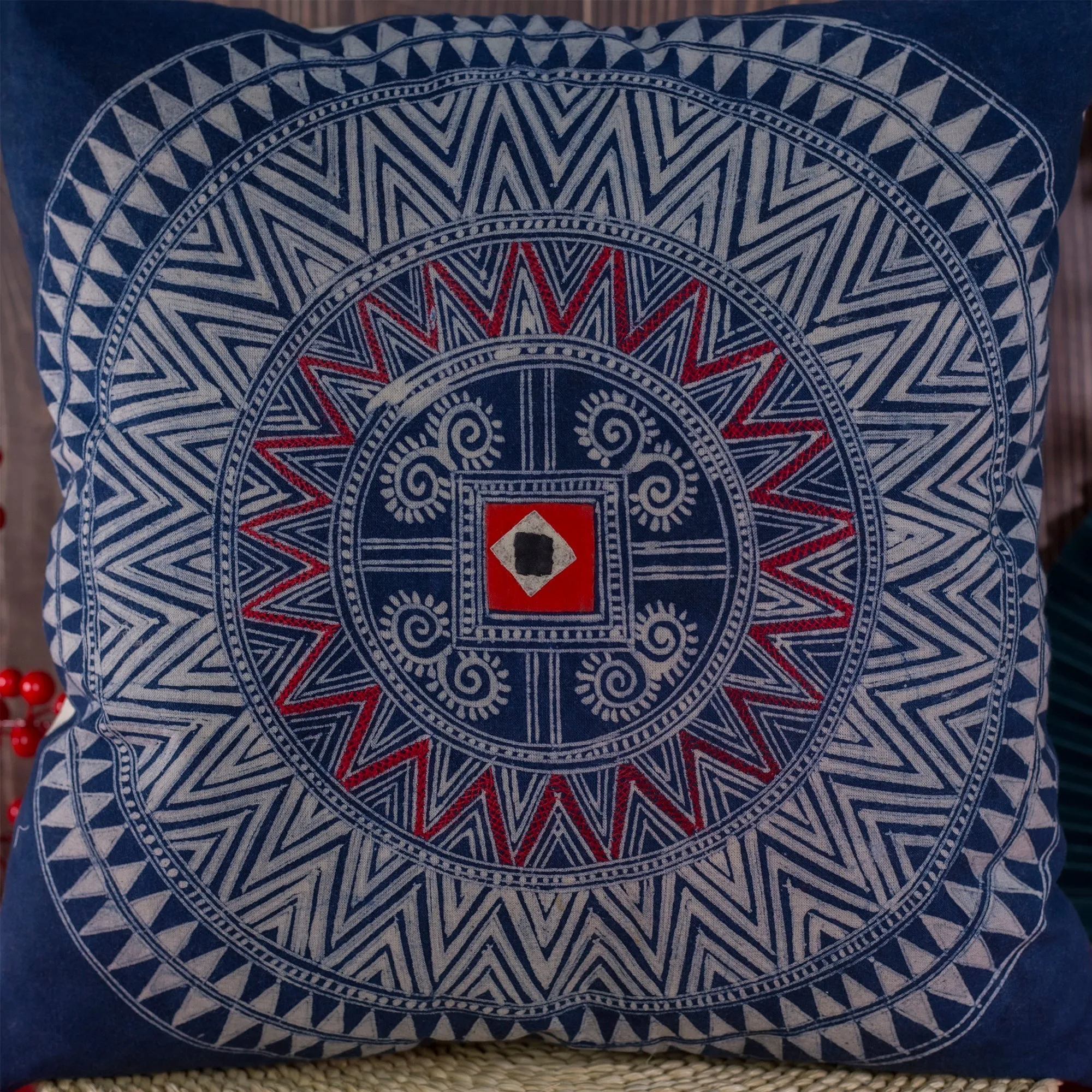 Batik Cushion Cover - H'mong pattern, hand-stitched fabric patch