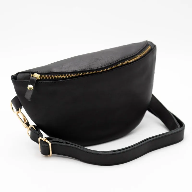Black Leather Bum Bag (w Gold Fittings)