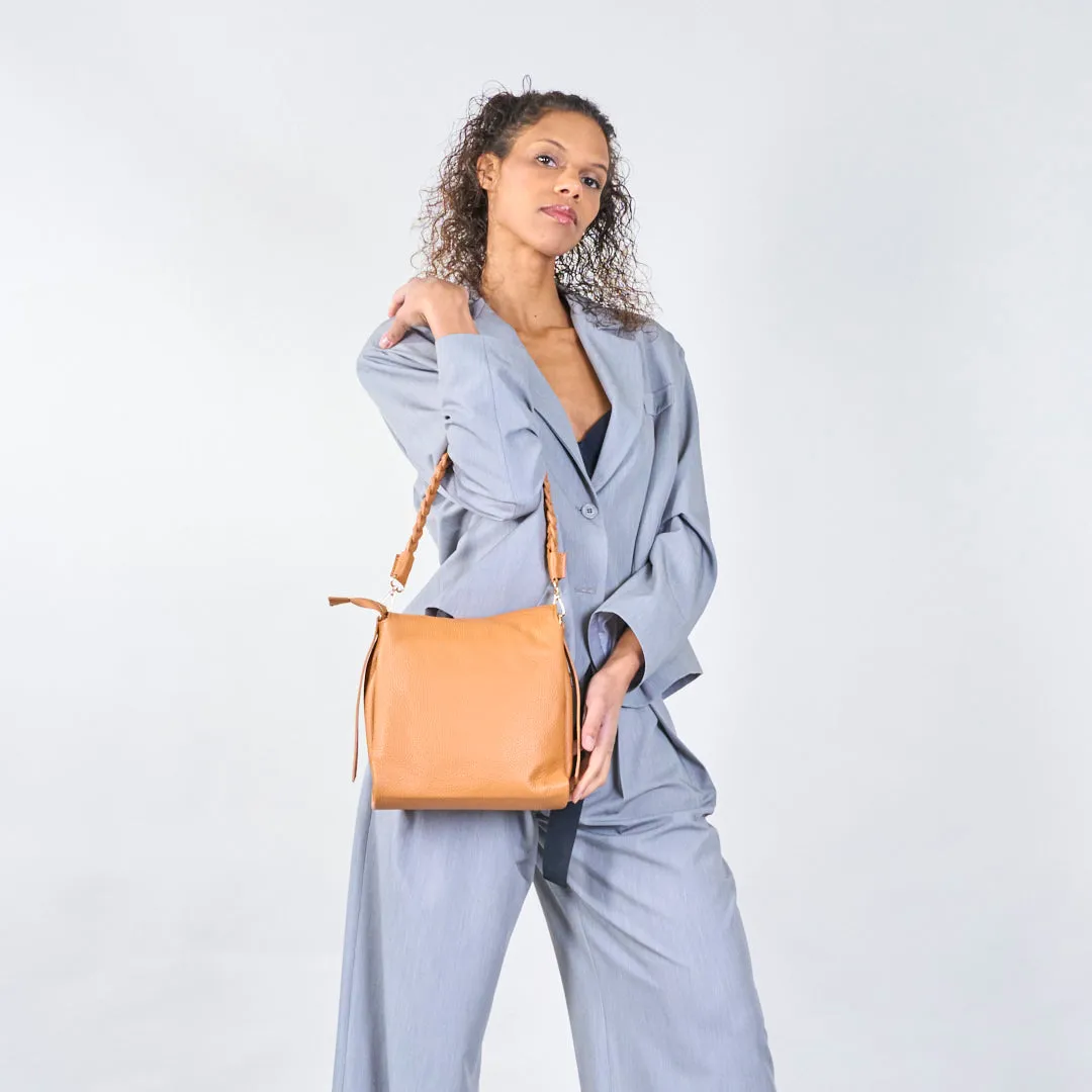 Braided handle leather shoulder bag wholesale