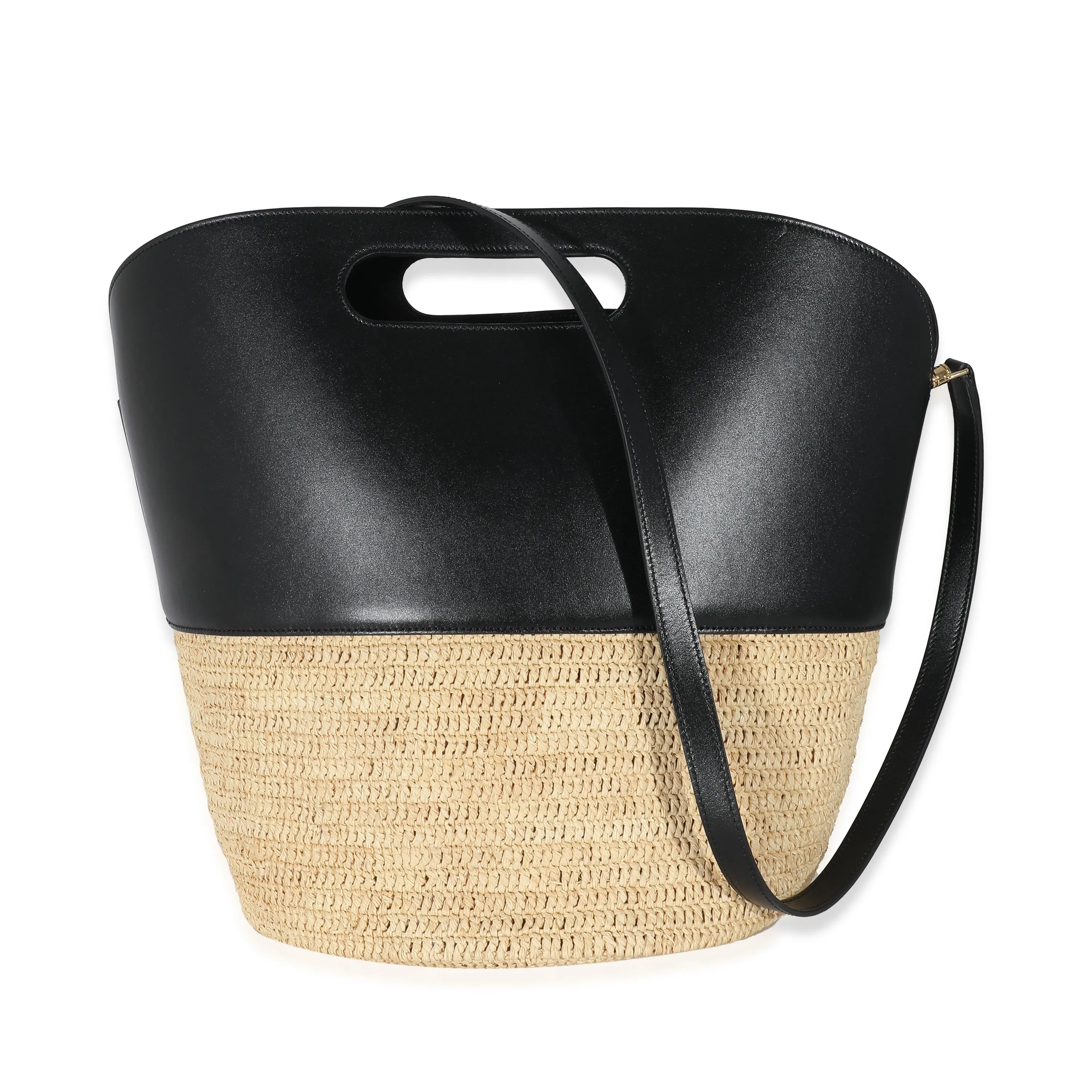 Celine Black Calfskin Beige Raffia Medium Basket Bag