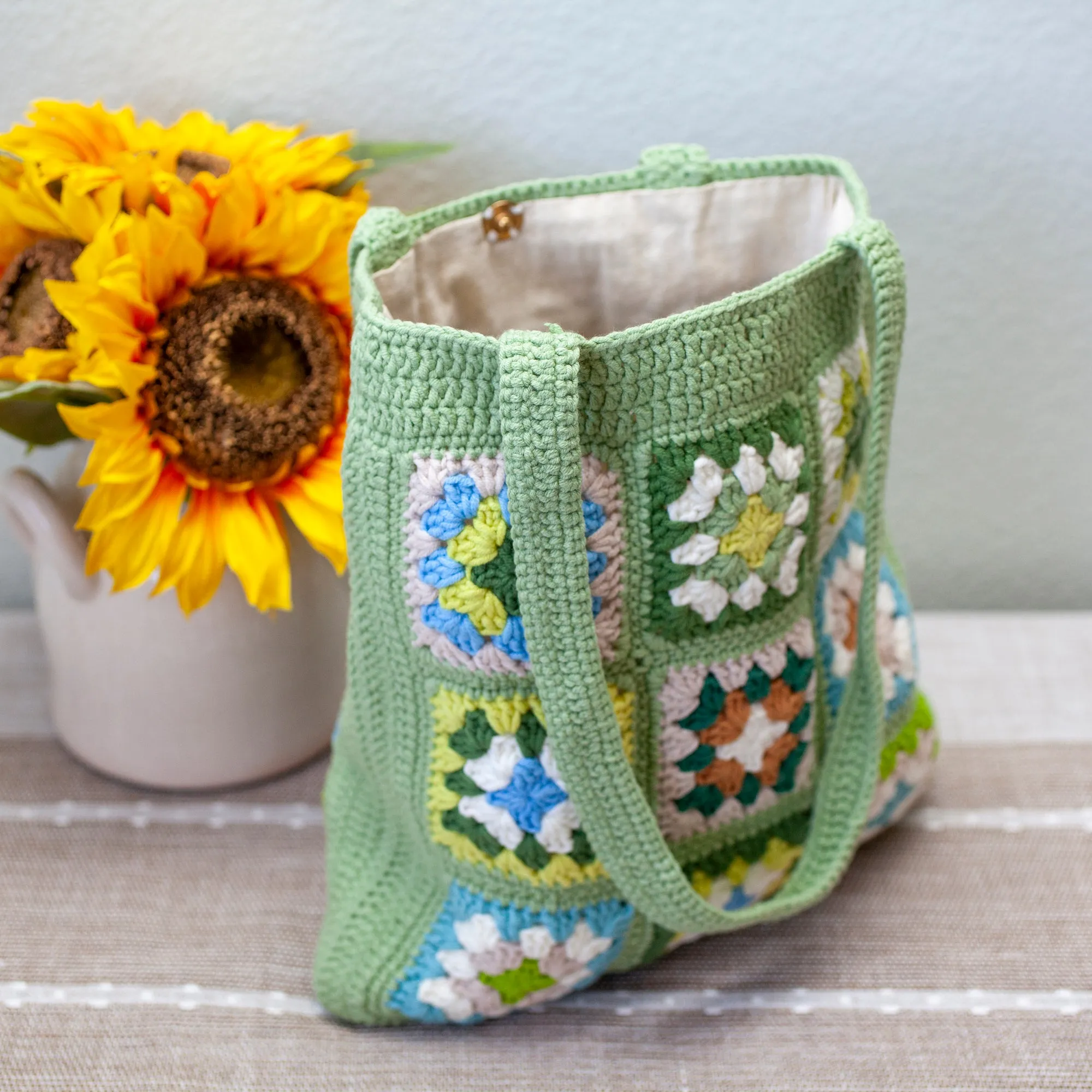 Elena Handbags Handmade Crochet Granny Square Patch Shoulder Bag