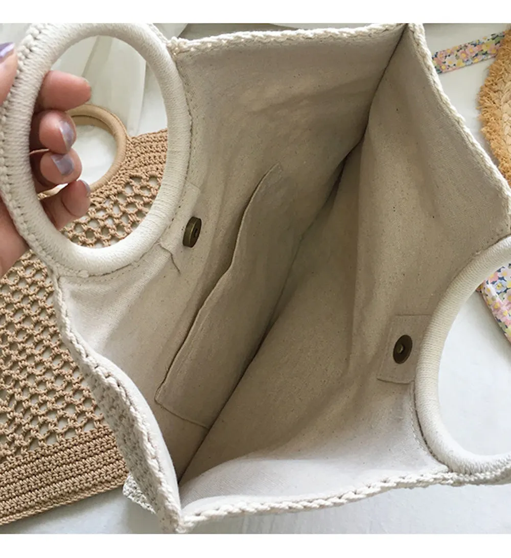 Elena Handbags Handmade Crochet Large Cotton Knitted Top Handle Bag with Fishnet Design