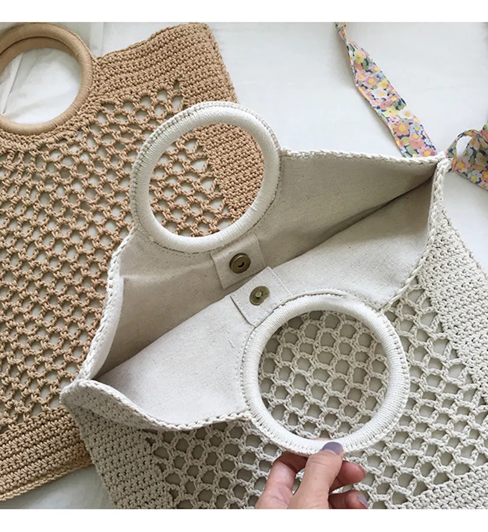 Elena Handbags Handmade Crochet Large Cotton Knitted Top Handle Bag with Fishnet Design