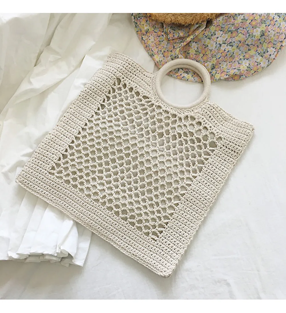 Elena Handbags Handmade Crochet Large Cotton Knitted Top Handle Bag with Fishnet Design