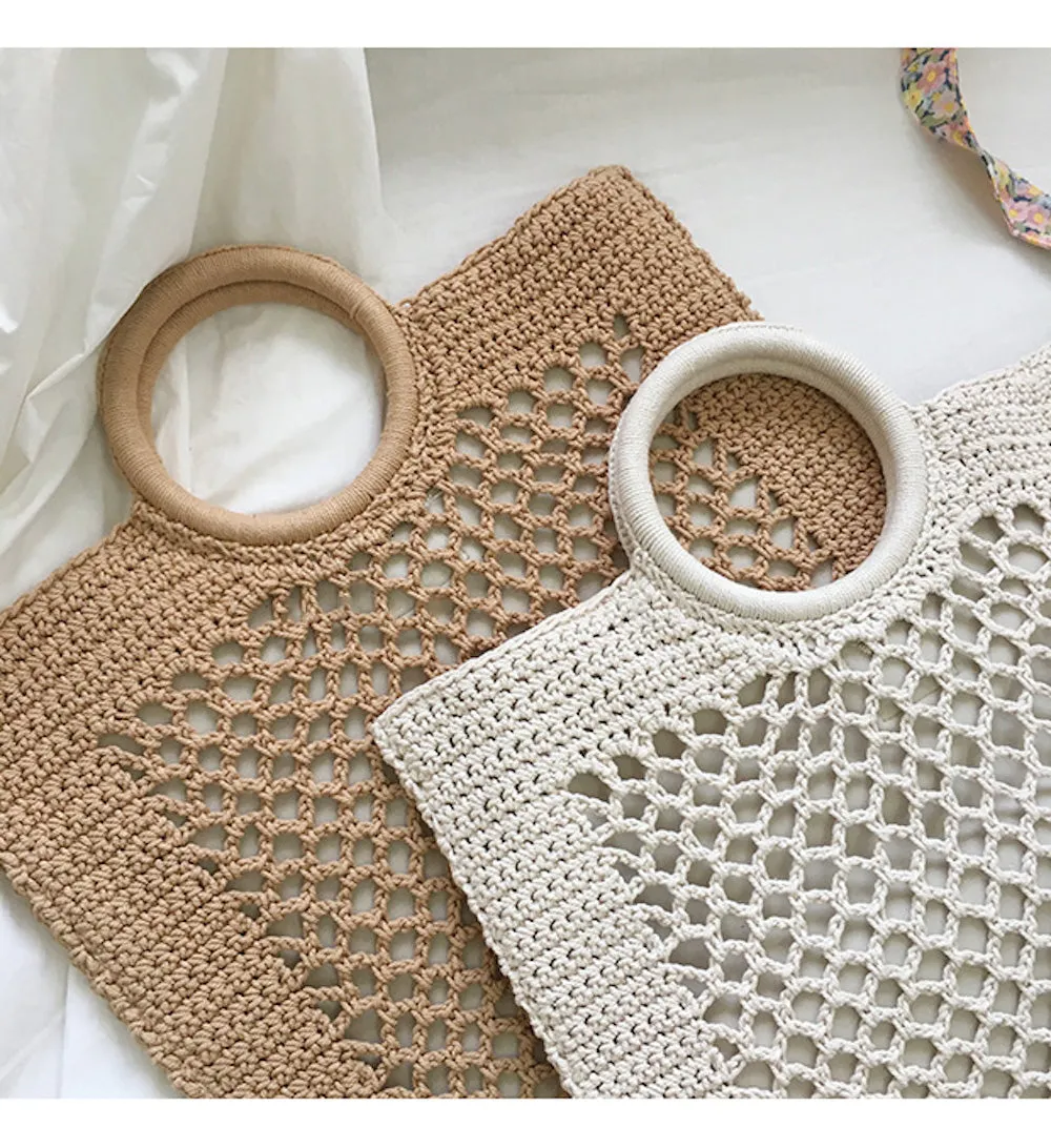 Elena Handbags Handmade Crochet Large Cotton Knitted Top Handle Bag with Fishnet Design