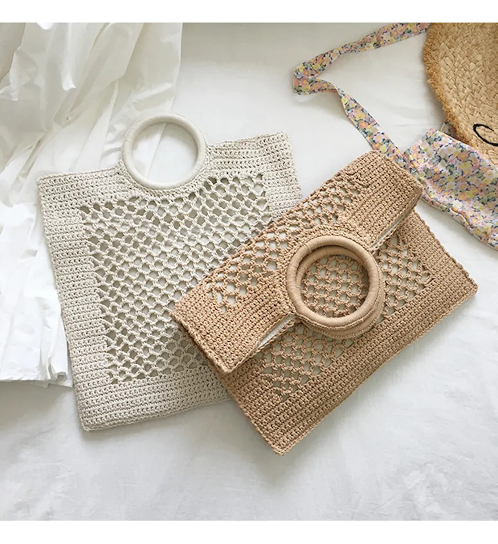 Elena Handbags Handmade Crochet Large Cotton Knitted Top Handle Bag with Fishnet Design