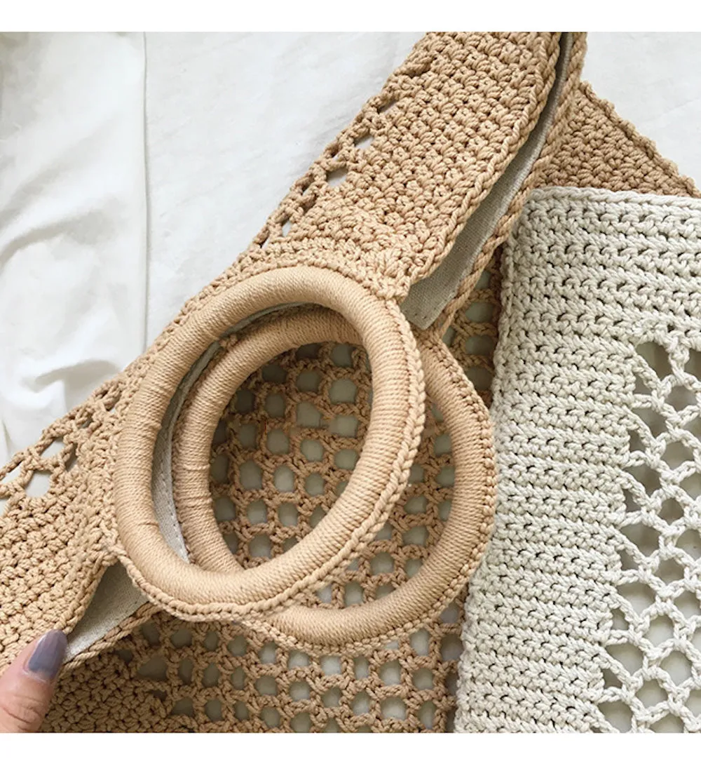 Elena Handbags Handmade Crochet Large Cotton Knitted Top Handle Bag with Fishnet Design