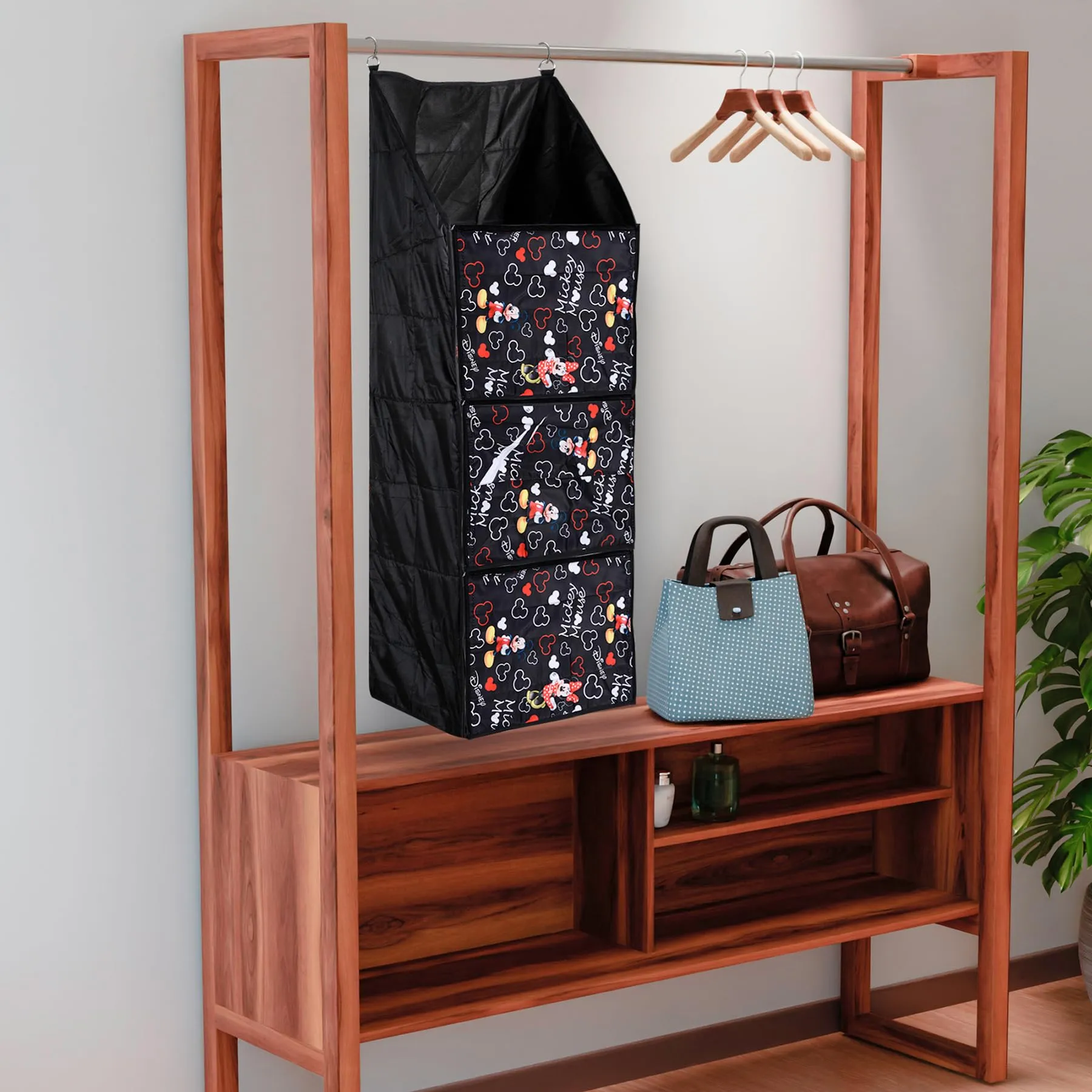 Heart Home Disney Mickey Almirah | Parachute Wardrobe Organizer | Hanging Cloth Organizer | 4 Compartments Storage Almirah | Hanging Wall Almirah | Black