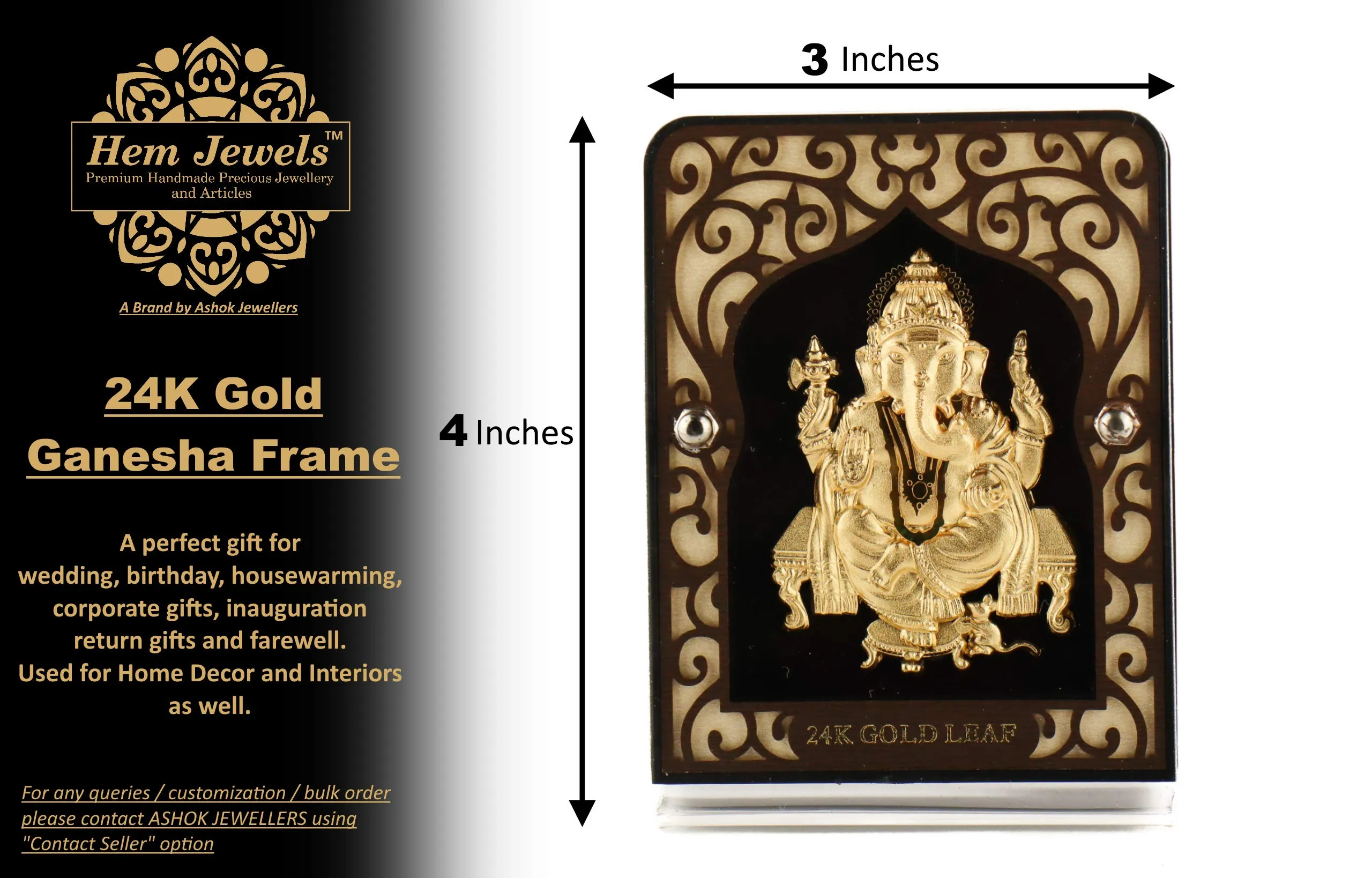 Hem Jewels 999 Gold Ganesh Frame for Gift and Home Décor (4 X 3 Inches)