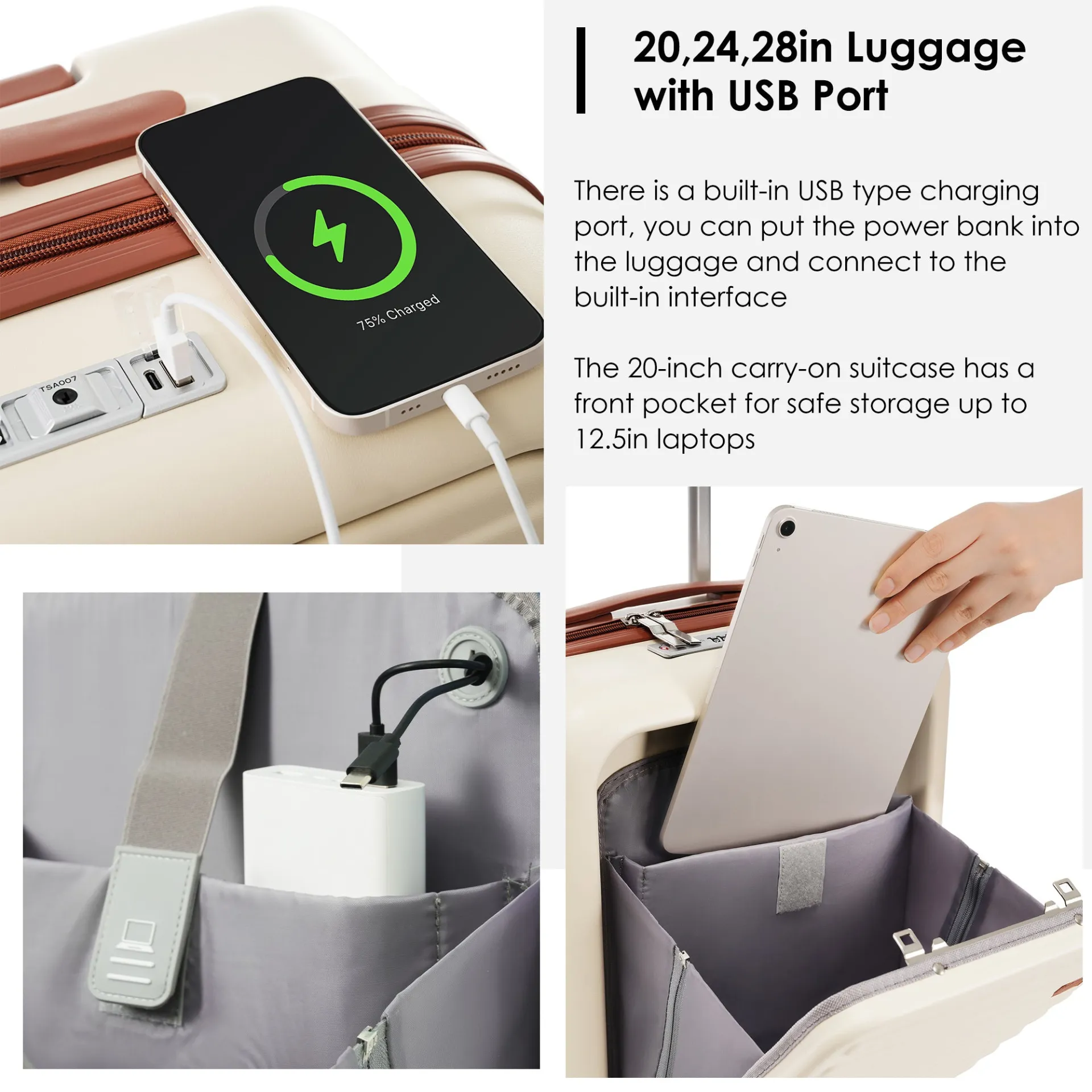 Ivory Travel Companion Set: 4-Piece Luggage Collection with USB Ports, Front-Opening Design, and Expandable Travel Bag