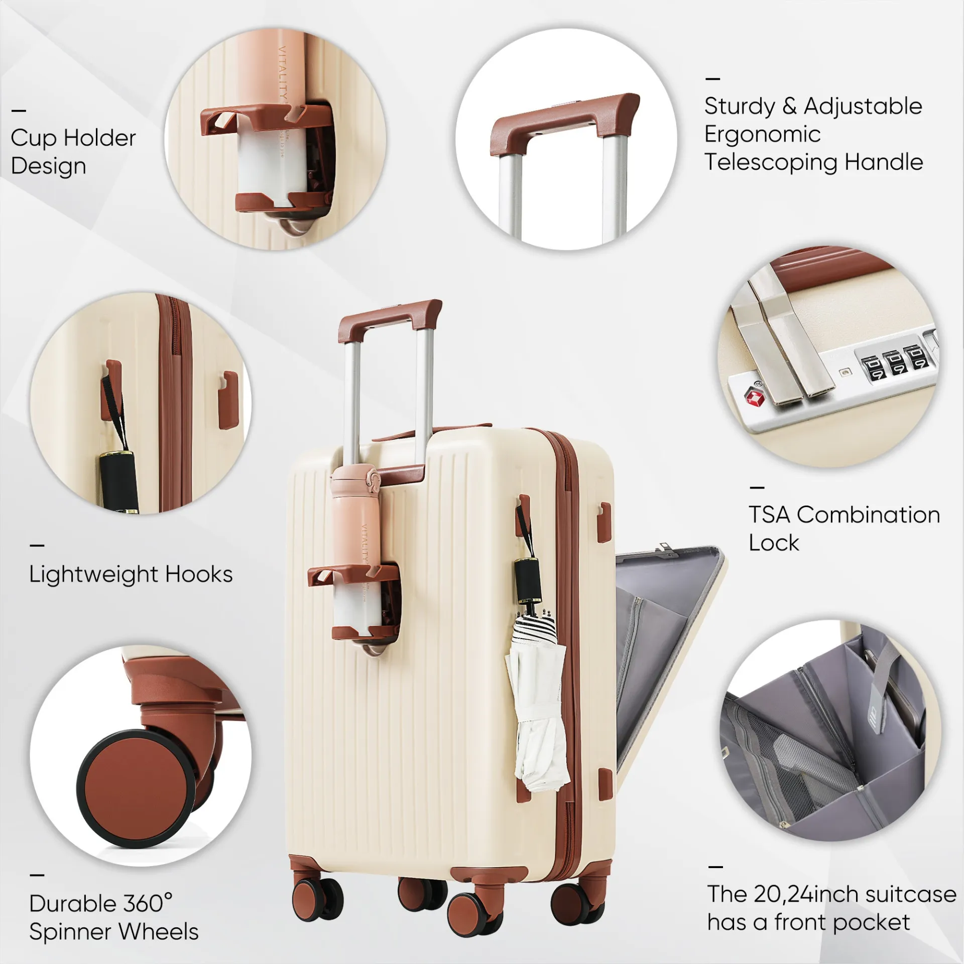 Ivory Travel Companion Set: 4-Piece Luggage Collection with USB Ports, Front-Opening Design, and Expandable Travel Bag
