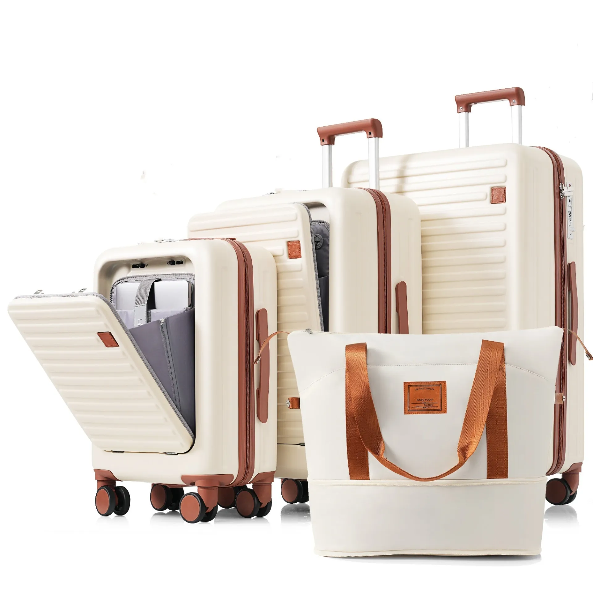 Ivory Travel Companion Set: 4-Piece Luggage Collection with USB Ports, Front-Opening Design, and Expandable Travel Bag