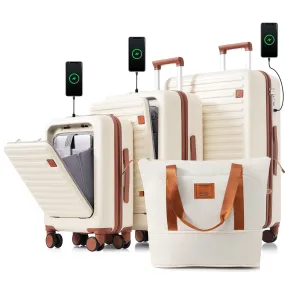 Ivory Travel Companion Set: 4-Piece Luggage Collection with USB Ports, Front-Opening Design, and Expandable Travel Bag