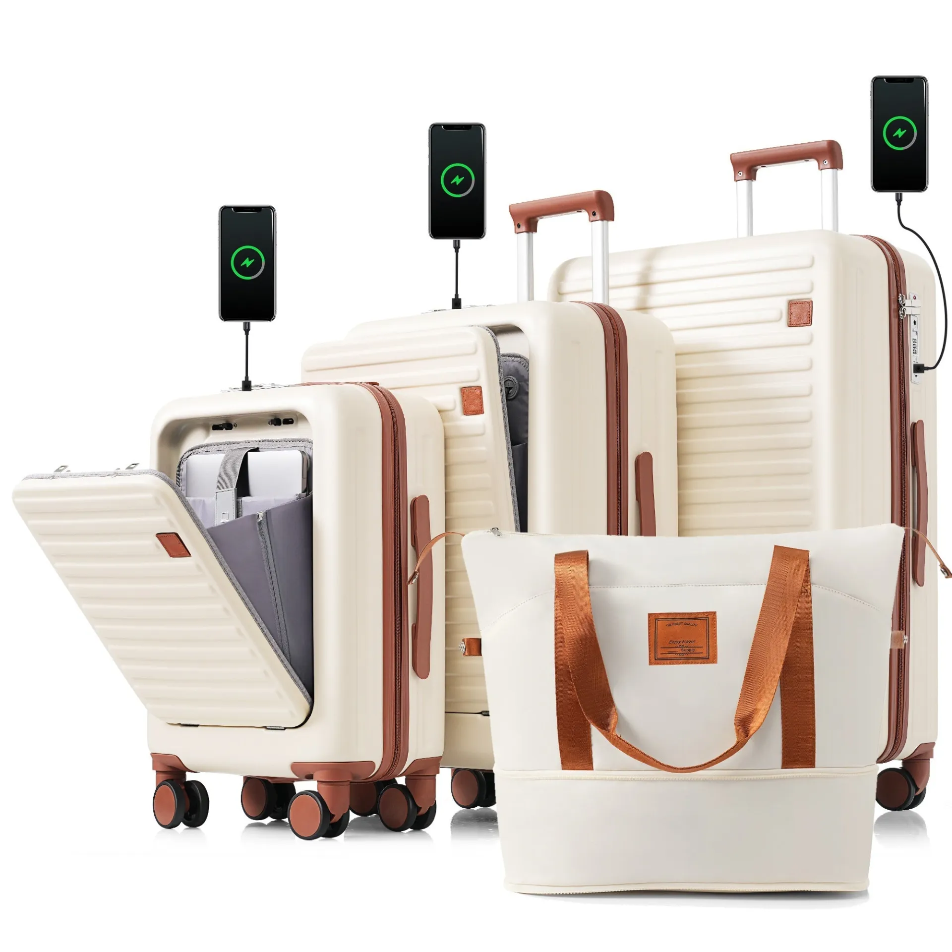 Ivory Travel Companion Set: 4-Piece Luggage Collection with USB Ports, Front-Opening Design, and Expandable Travel Bag