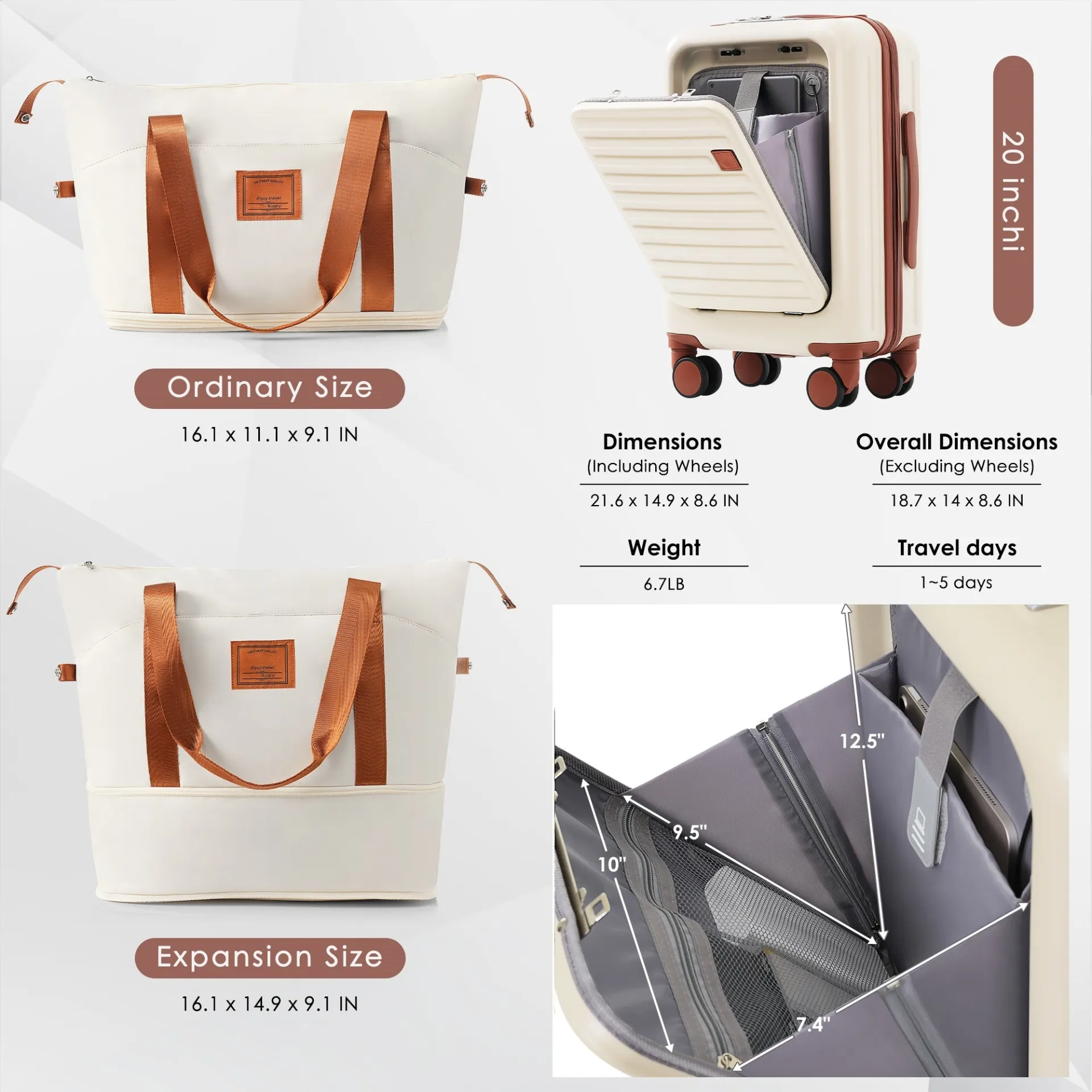 Ivory Travel Companion Set: 4-Piece Luggage Collection with USB Ports, Front-Opening Design, and Expandable Travel Bag