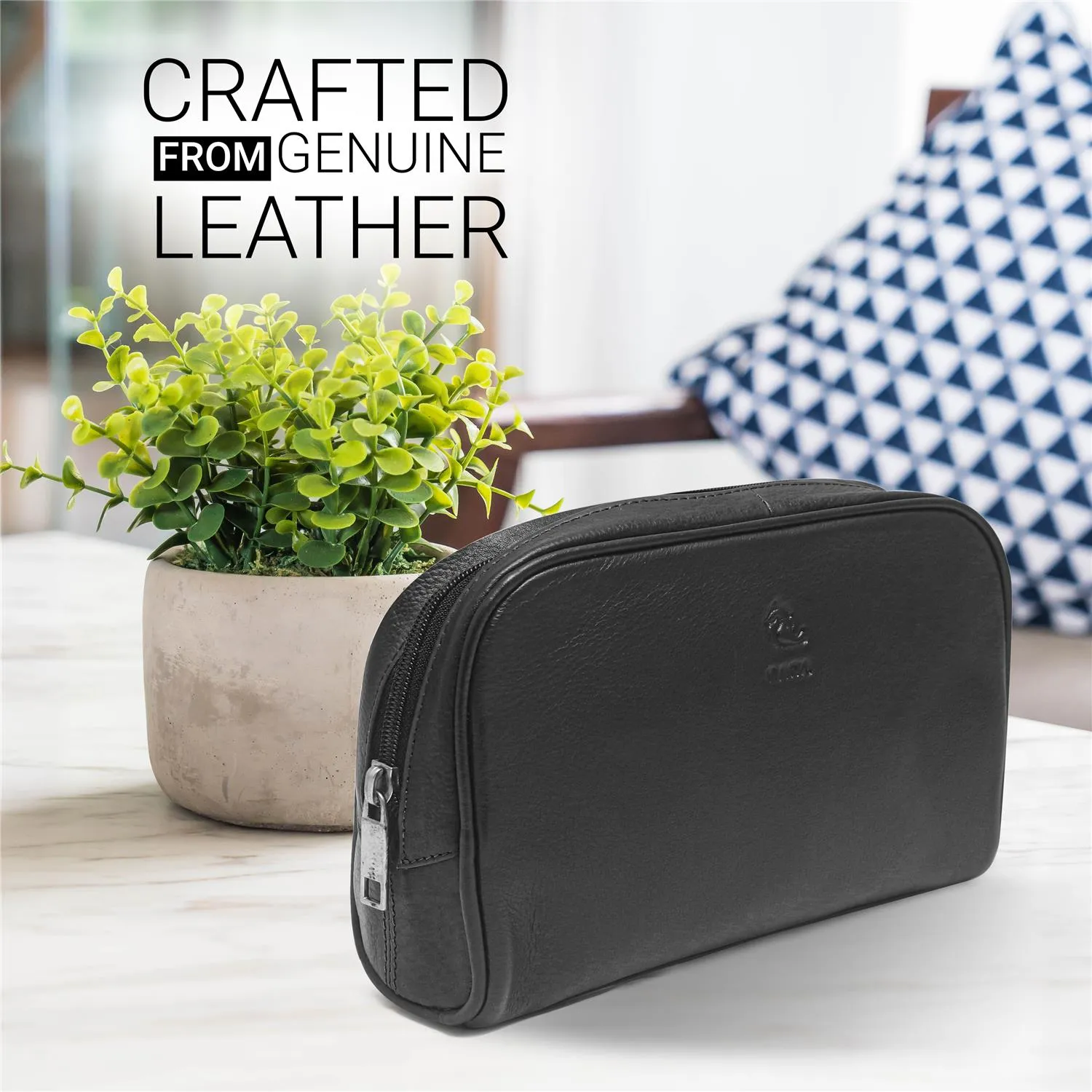 Malia Black Leather Wash Bag for Men and Women