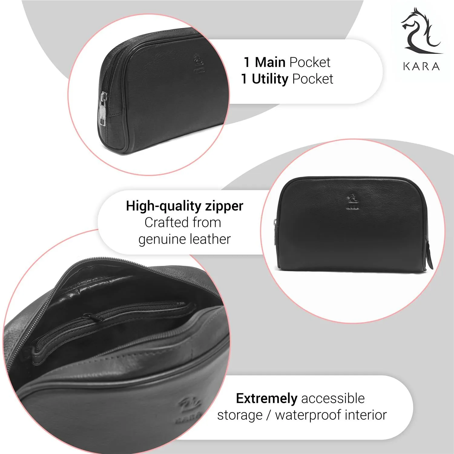 Malia Black Leather Wash Bag for Men and Women