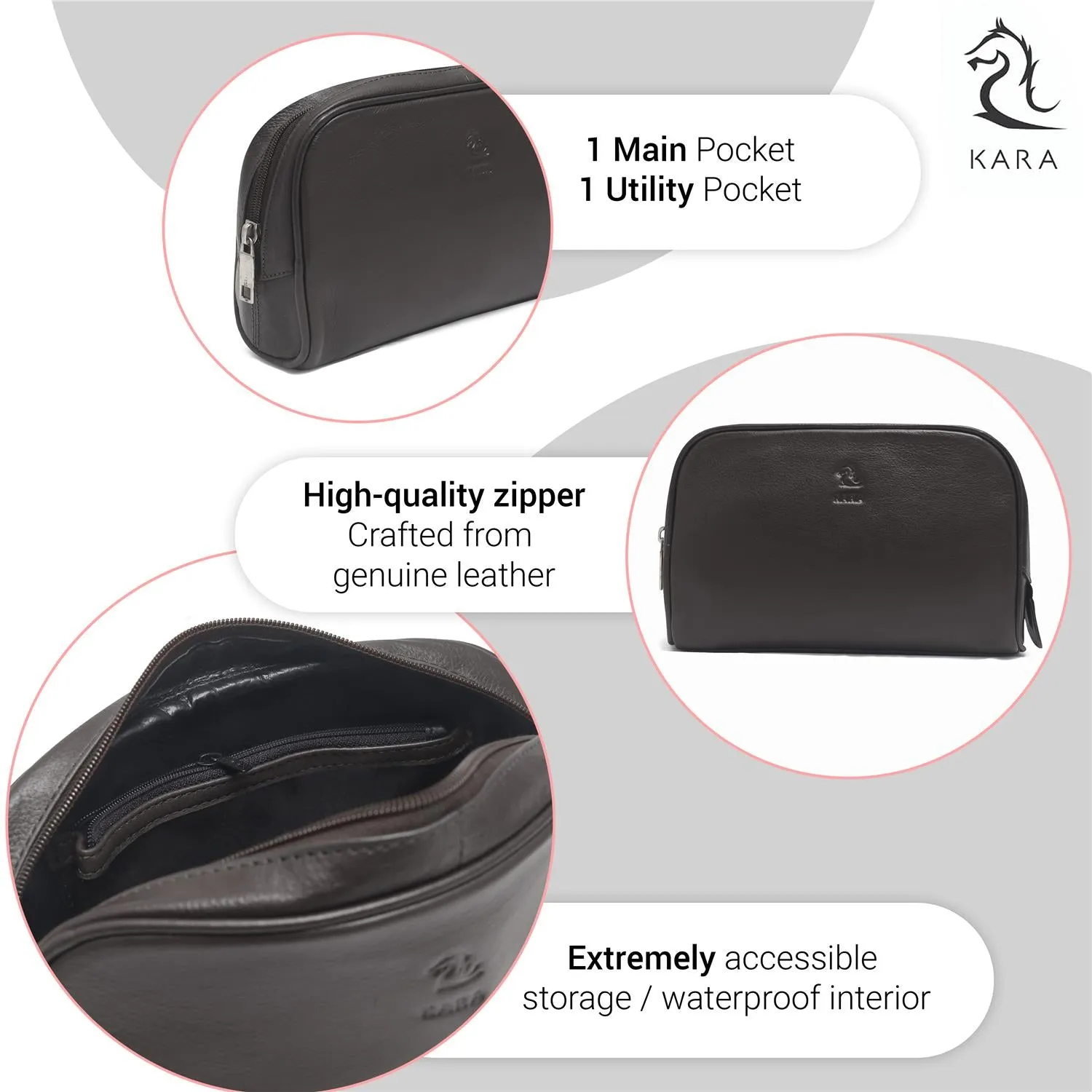 Malia Black Leather Wash Bag for Men and Women