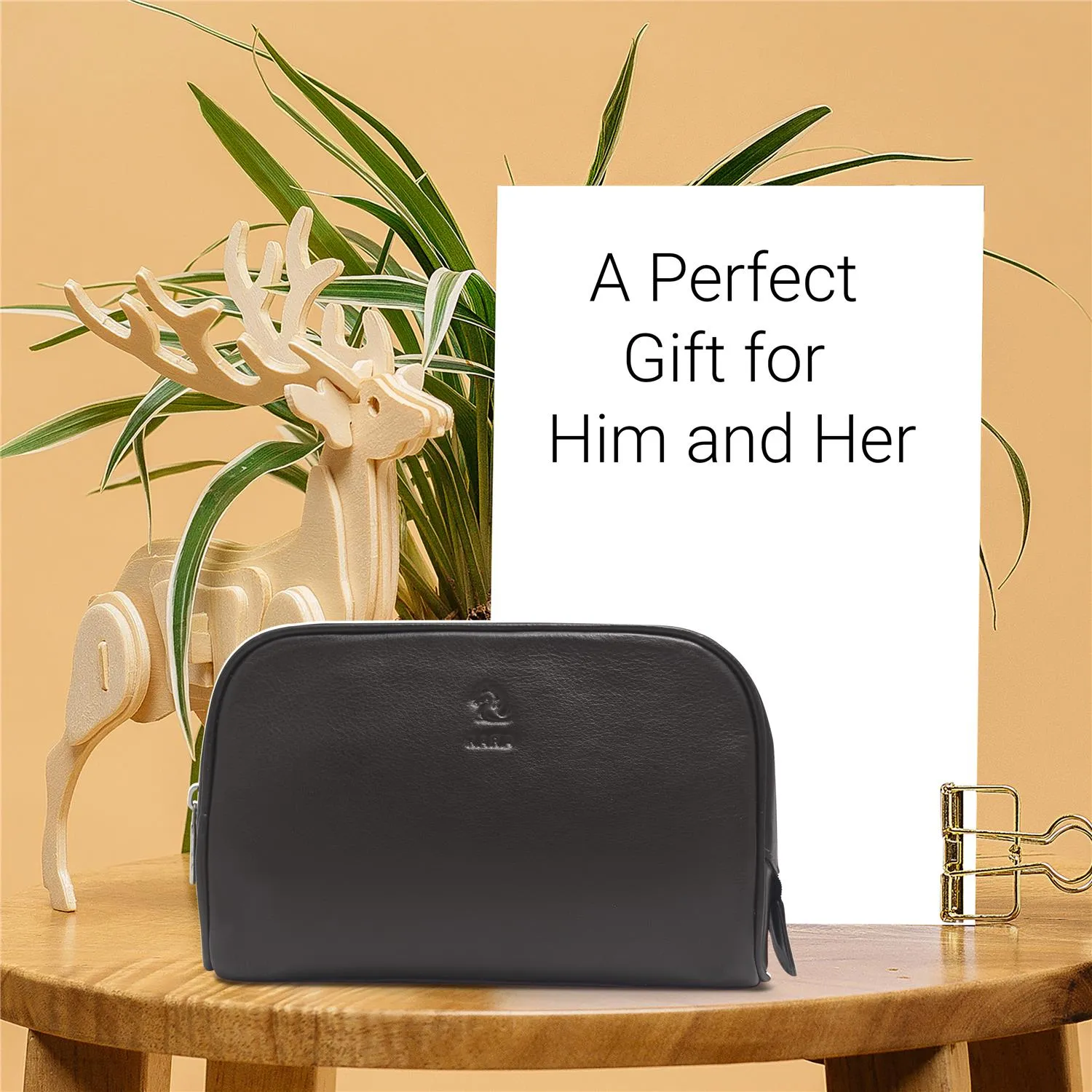 Malia Black Leather Wash Bag for Men and Women