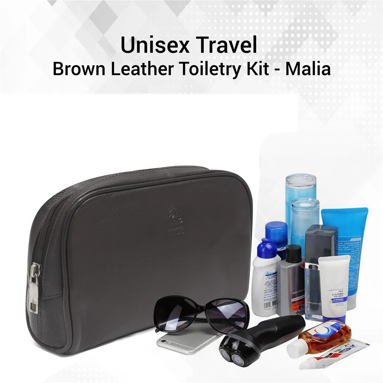 Malia Black Leather Wash Bag for Men and Women