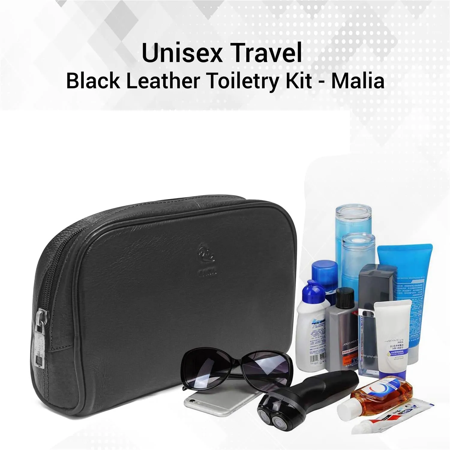Malia Black Leather Wash Bag for Men and Women