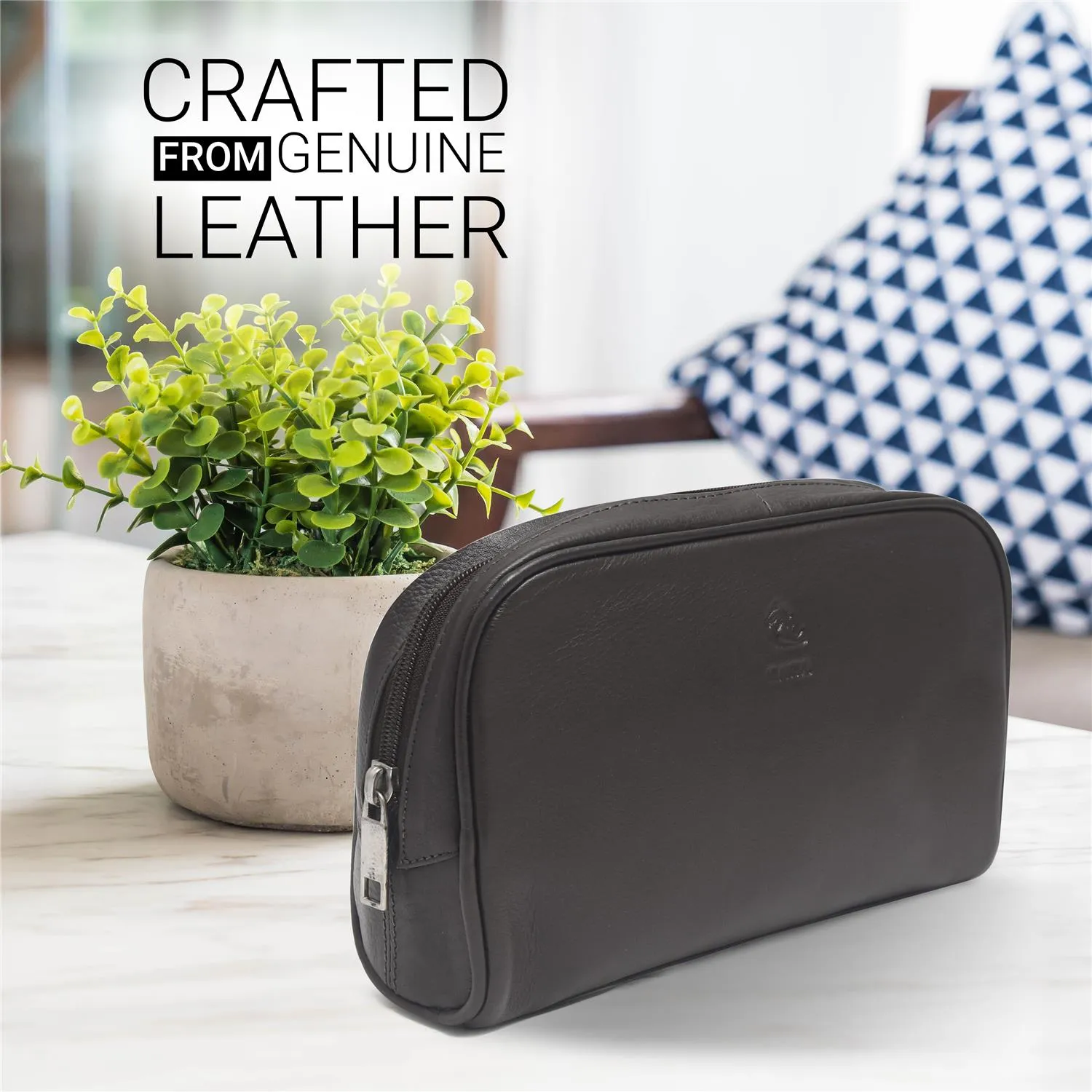 Malia Black Leather Wash Bag for Men and Women