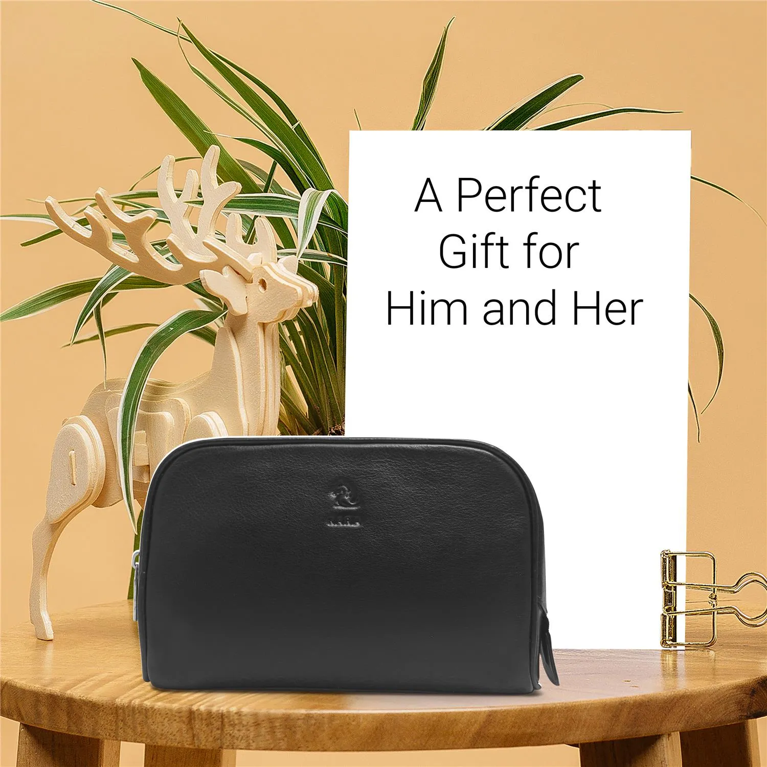 Malia Black Leather Wash Bag for Men and Women