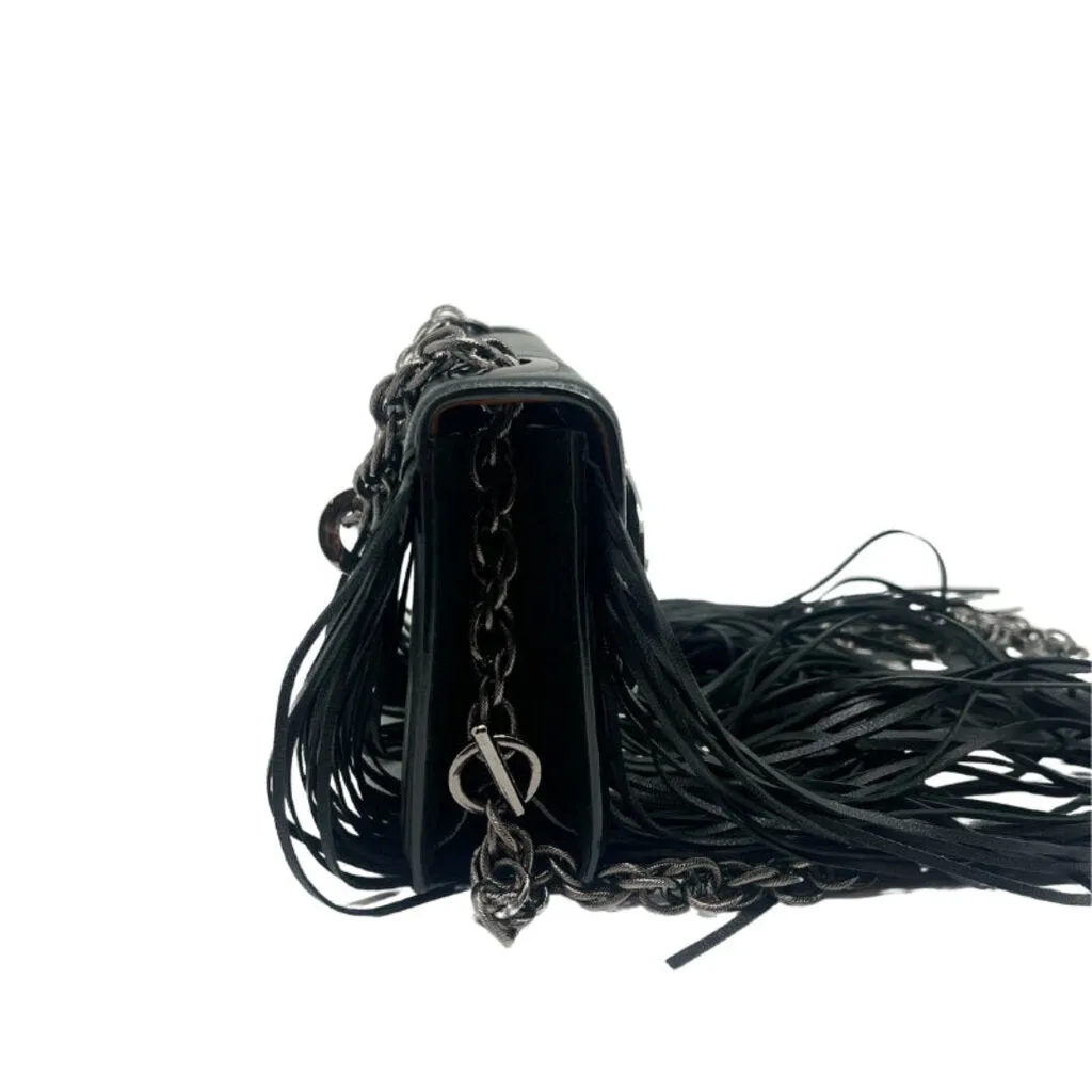 Oscar de la Renta Black Leather Fringe Tro Bag