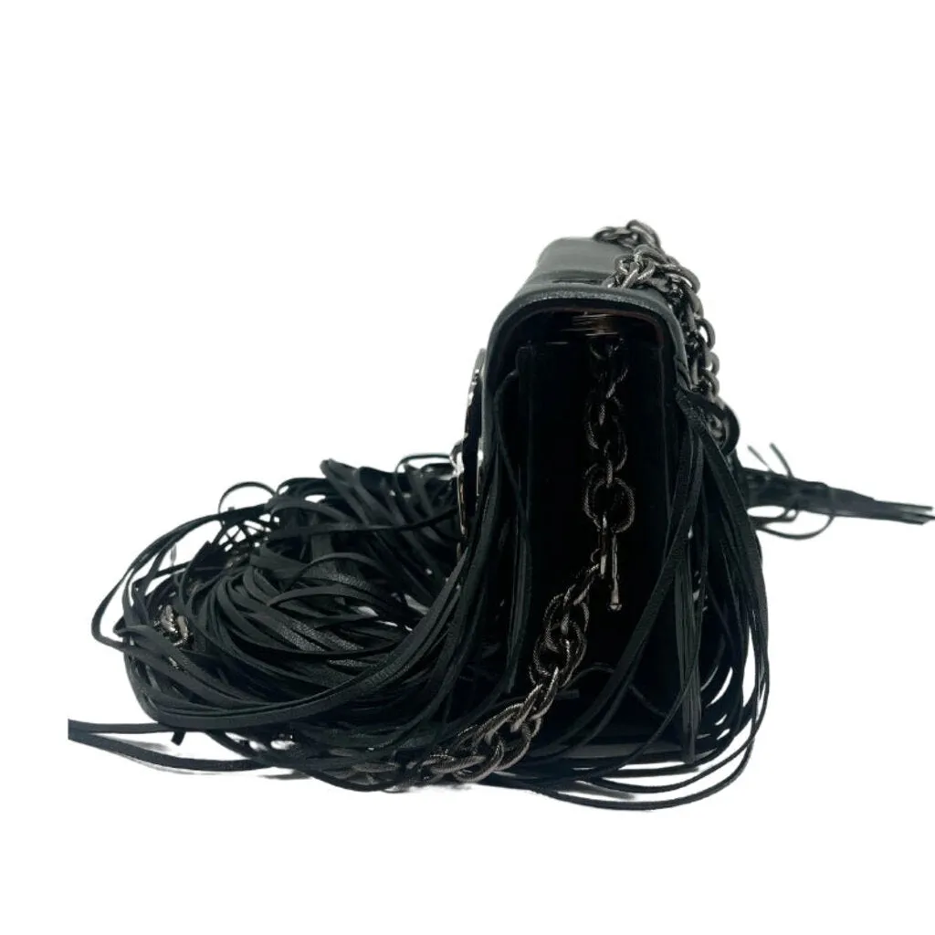 Oscar de la Renta Black Leather Fringe Tro Bag