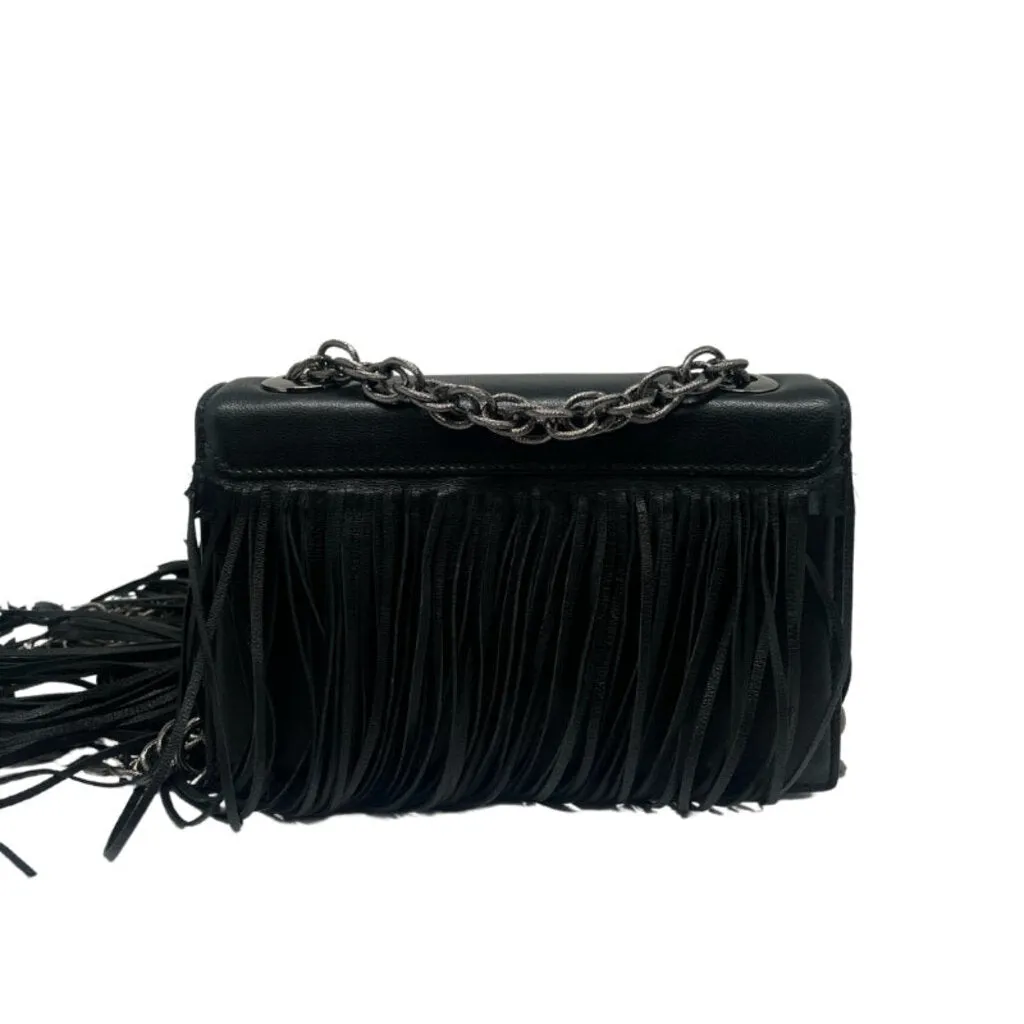 Oscar de la Renta Black Leather Fringe Tro Bag