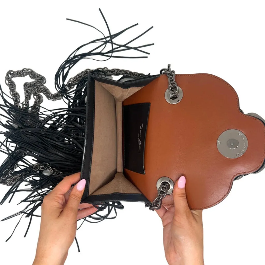 Oscar de la Renta Black Leather Fringe Tro Bag