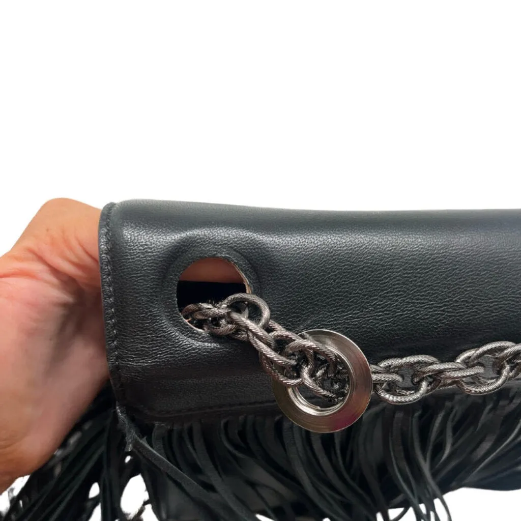 Oscar de la Renta Black Leather Fringe Tro Bag