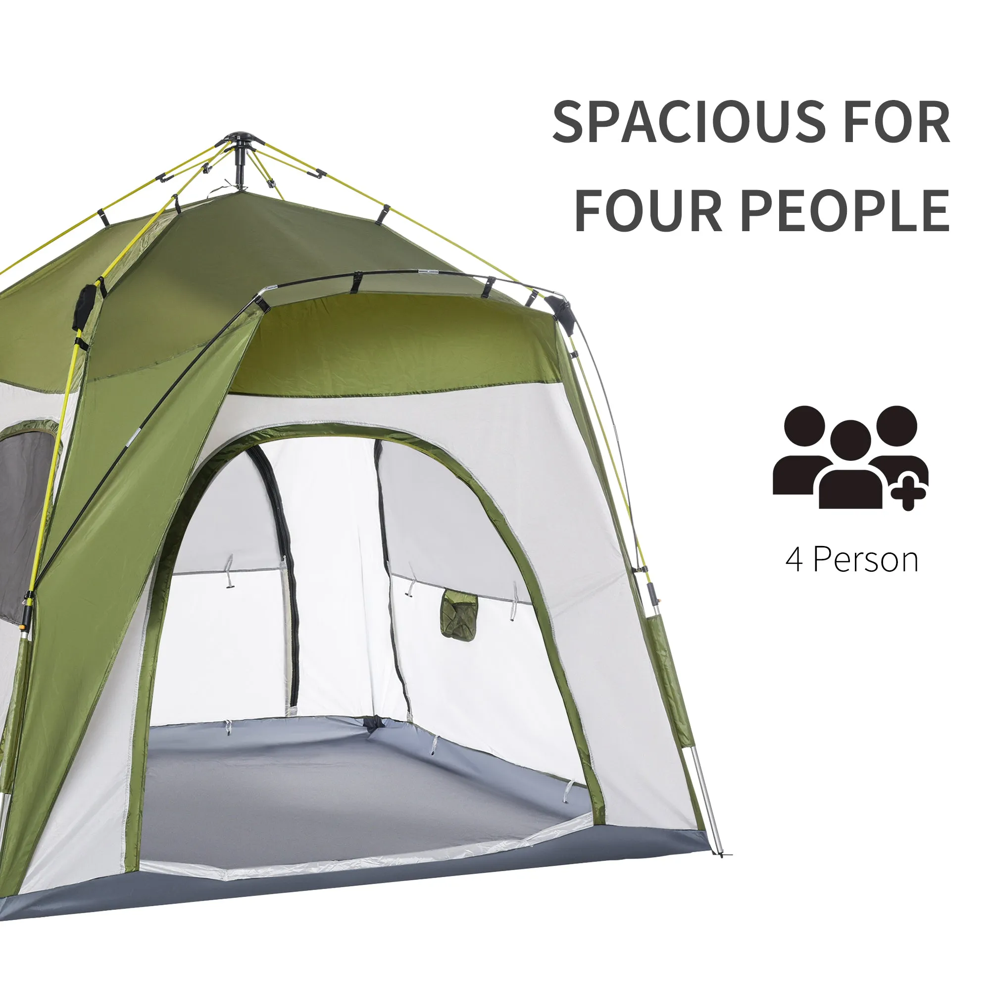 Outsunny Four Man Pop Up Tent Automatic Camping Backpacking Dome Shelter, Green