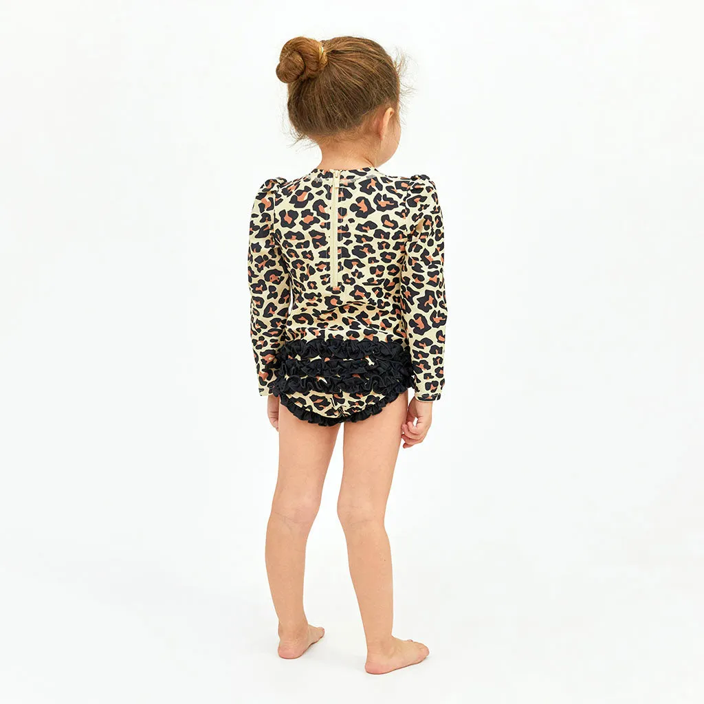 Posh Peanut Lana Leopard Long Sleeve Ruffled Rash Guard Swimsuit