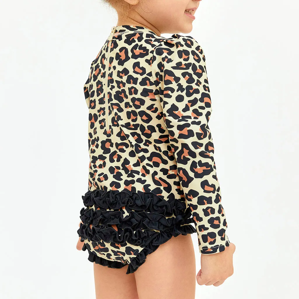 Posh Peanut Lana Leopard Long Sleeve Ruffled Rash Guard Swimsuit