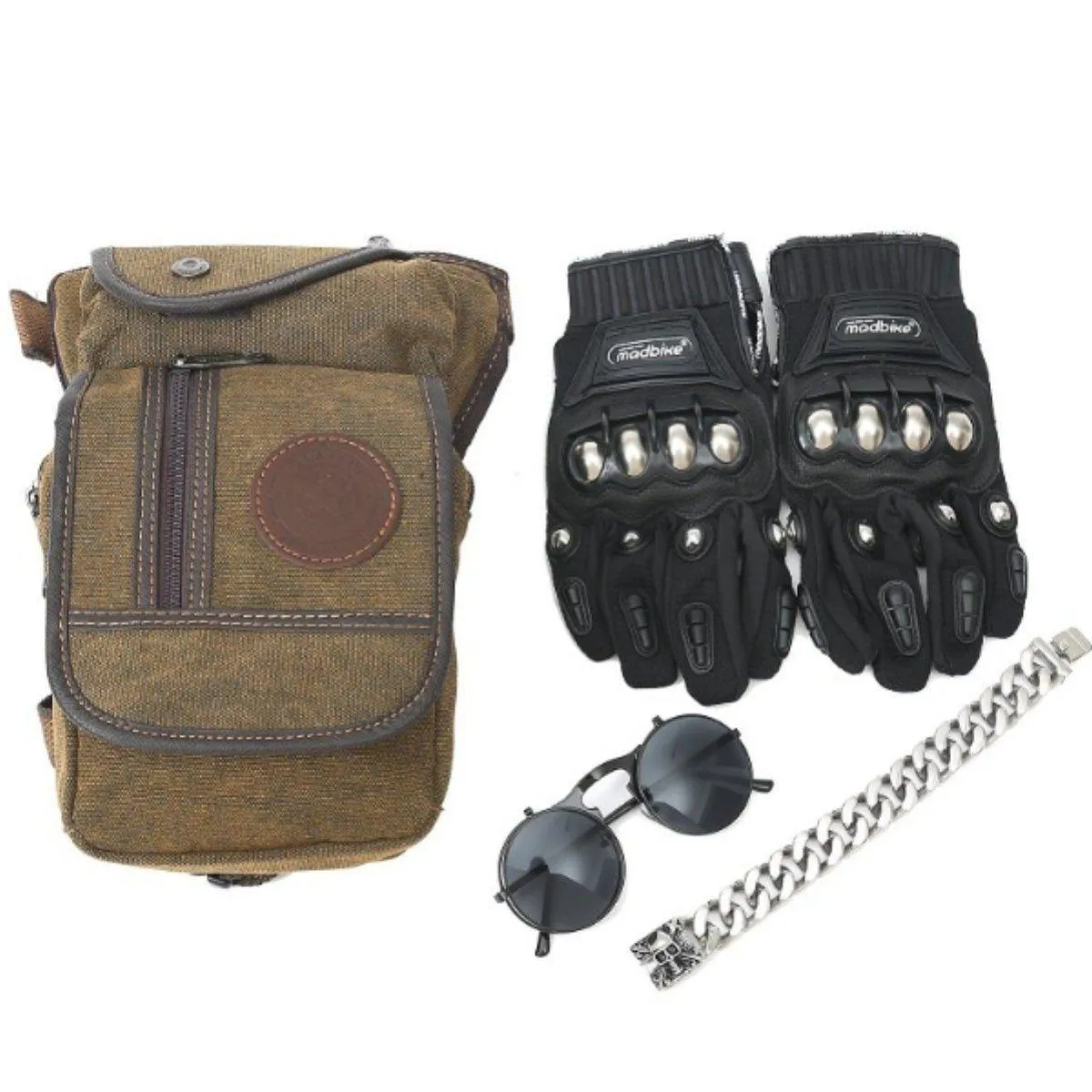 Premium Biker Bundle - Leg Bag, Bracelet, Sunglasses & Gloves